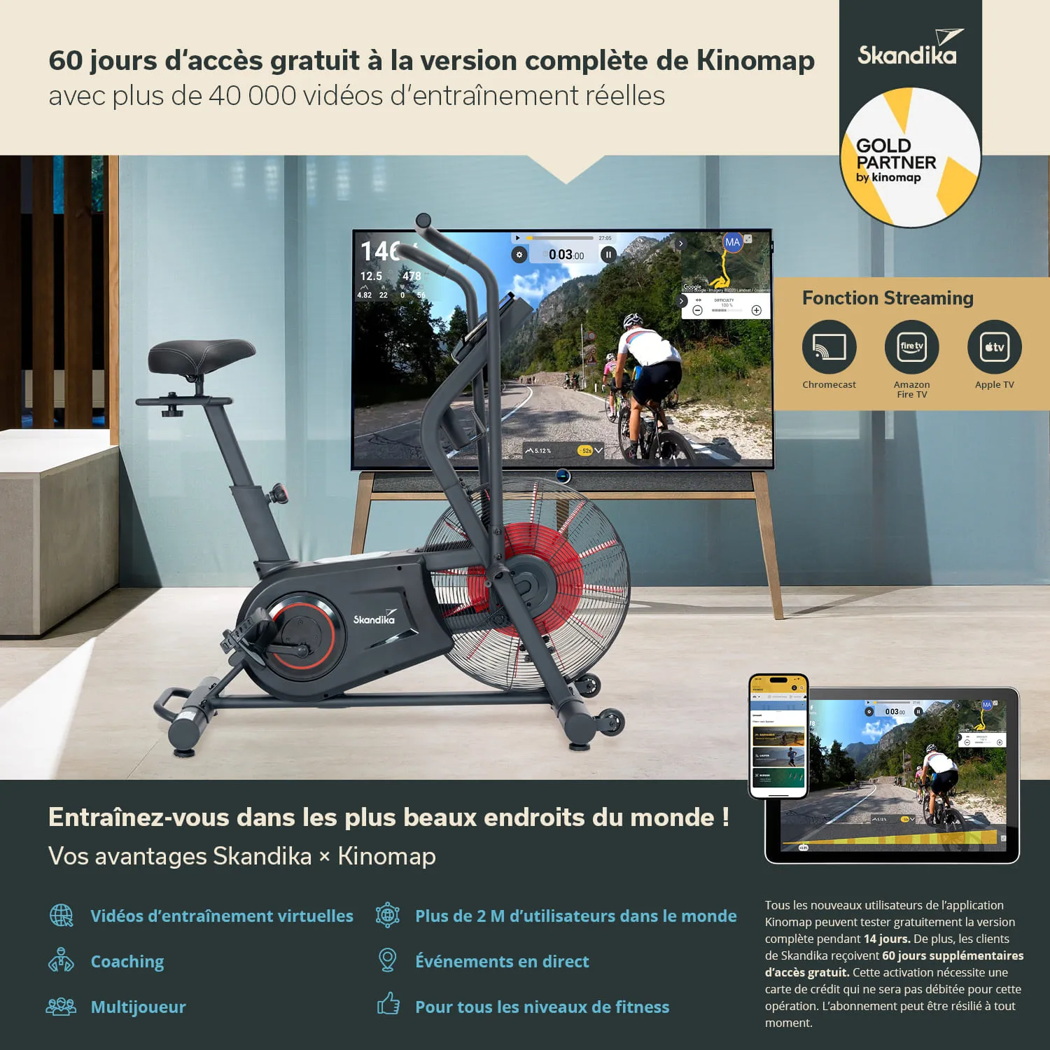 Fitness-Bike mit Windrad und Display, das Trainingsvideos zeigt. Im Hintergrund steht ein Fernseher, daneben ein Tablet.