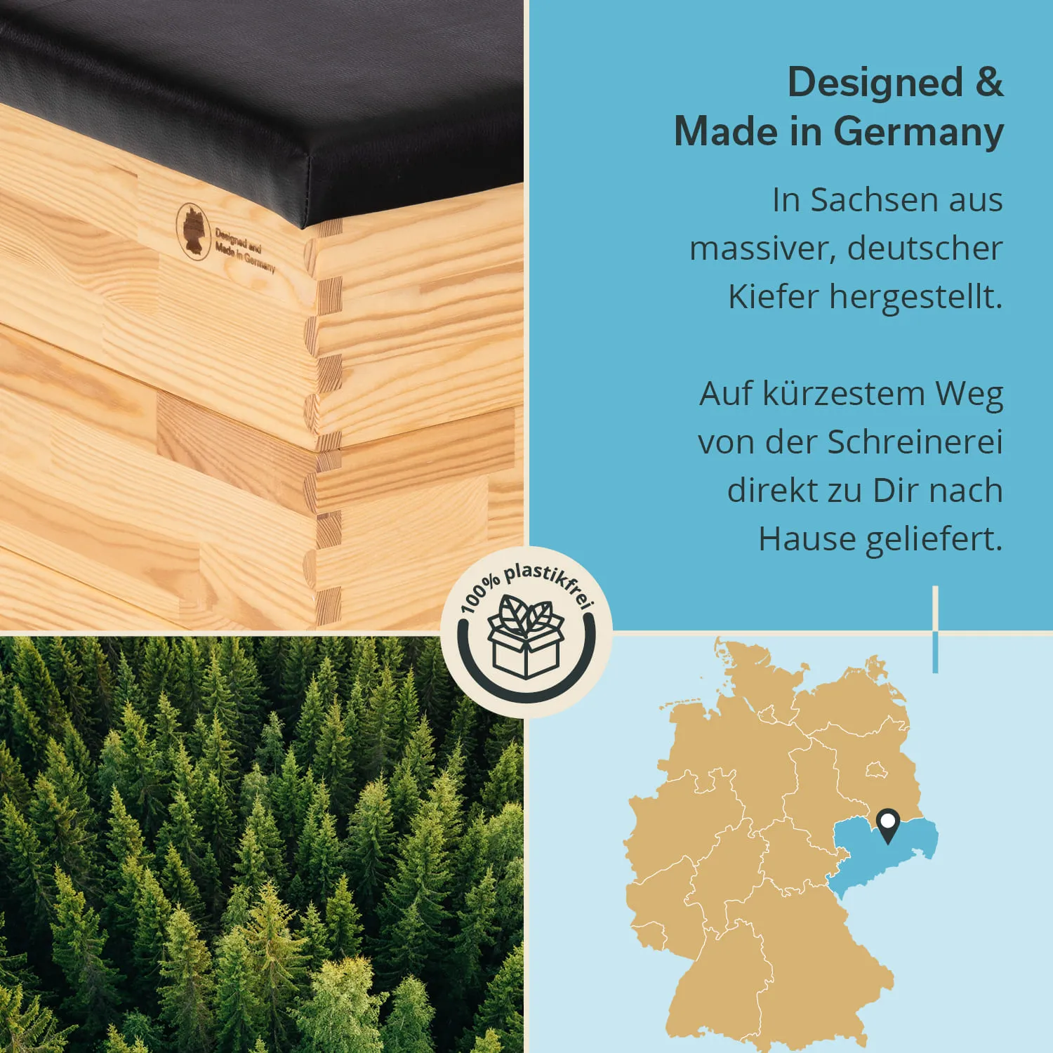 Holzkiste aus Kiefer mit schwarzem Deckel, Textinformationen über die Herstellung in Deutschland, Karte von Deutschland und Baumansicht.