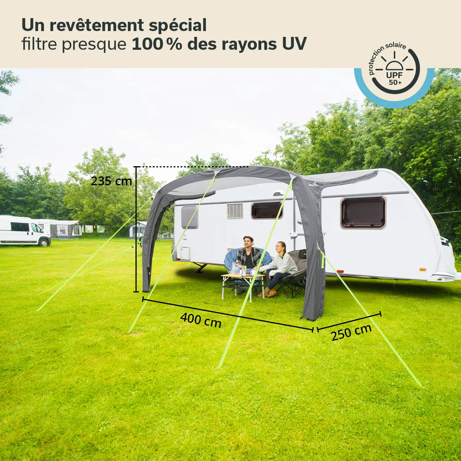Campingplatz mit einem Wohnmobil, einem großen grauen Sonnenschutz und zwei Personen auf Stühlen. Graslandschaft im Hintergrund.