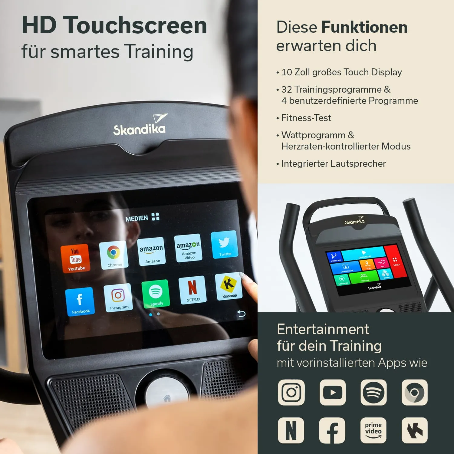 HD-Touchscreen-Gerät mit 10 Zoll Display, Apps und Lautsprecher, vorgestellt auf einem Fitnessgerät.