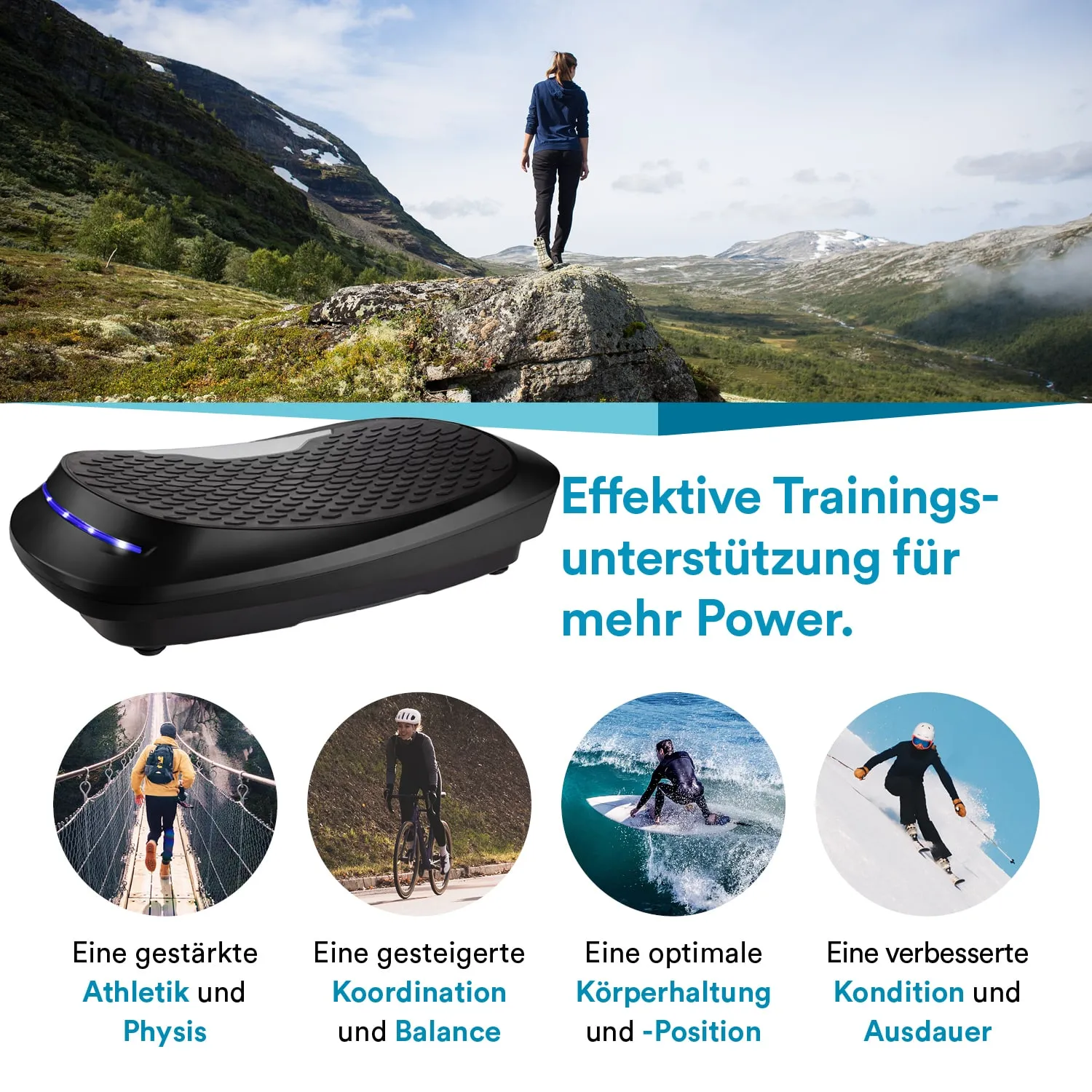 Eine Person steht auf einem Felsen in einer Berglandschaft. Ein schwarzes Trainingsgerät ist im Vordergrund abgebildet, umgeben von vier Icons, die verschiedene Trainingsvorteile darstellen.
