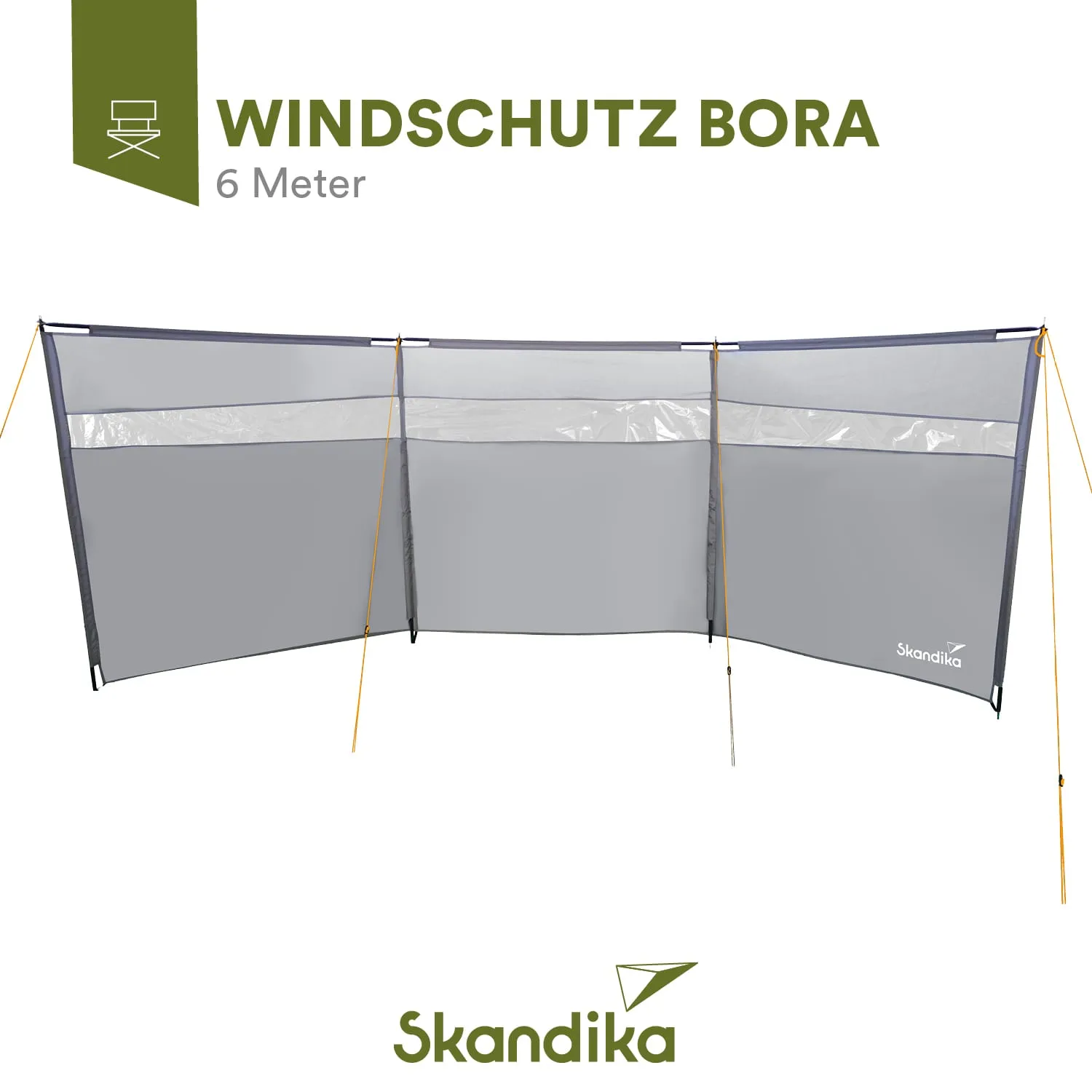 Windschutz in Grau mit transparenten Einsätzen und gelben Abspannleinen, ausgelegt für einen Bereich von 6 Metern.