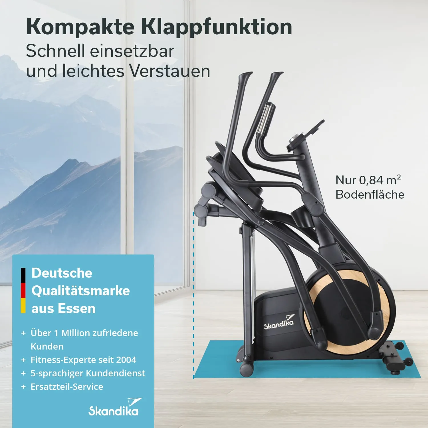 Fitnessgerät mit kompakter Klappfunktion vor einem großen Fenster mit Bergblick. Textinformationen zur Marke und Nutzung.