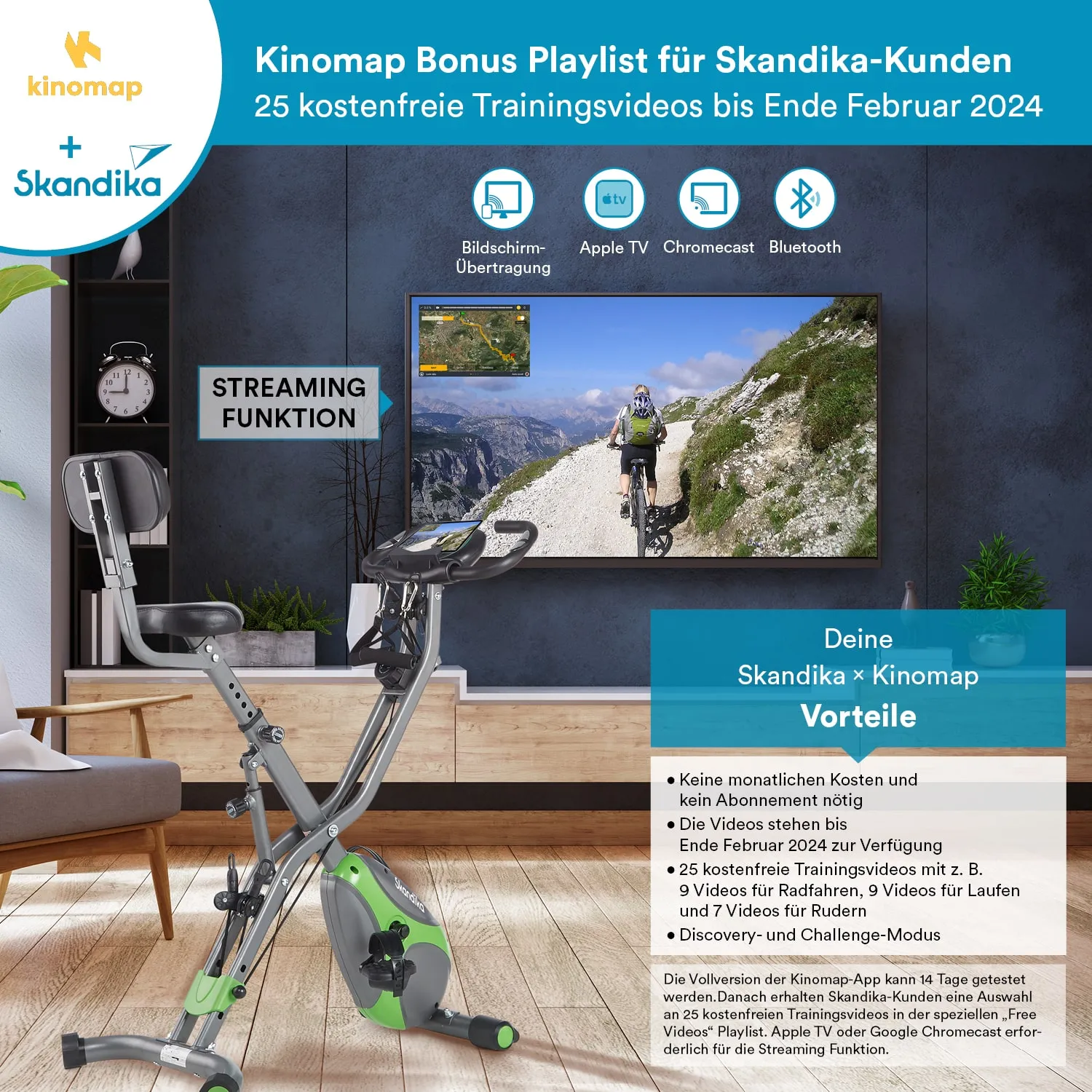 Ein Heimtrainer steht im Vordergrund, im Hintergrund ein Fernseher, der eine Radtour zeigt. Text über Vorteile von Kinomap und Skandika.