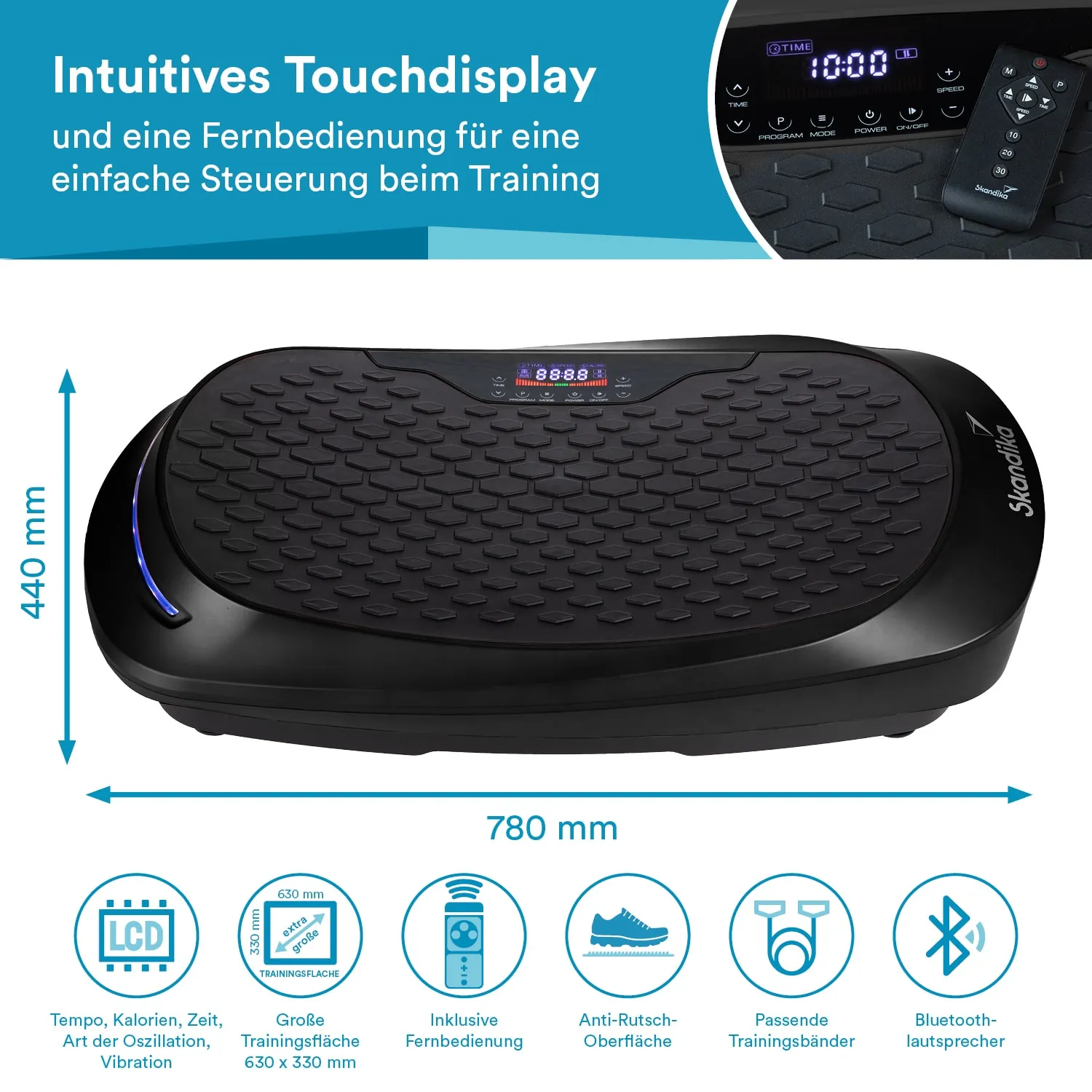 Vibrationsplatte in Schwarz mit rutschfester Oberfläche, digitalem Touchdisplay und Fernbedienung. Maße: 780 mm x 440 mm.