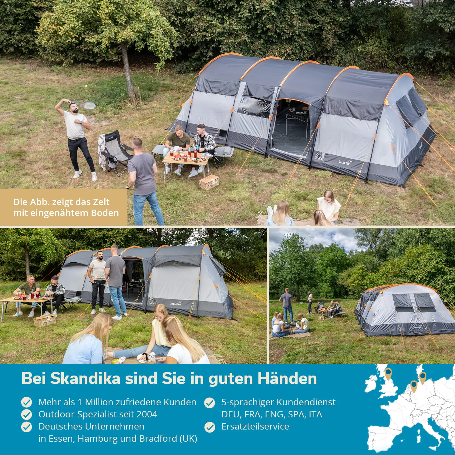 Zelt auf einer Wiese mit Personen, die an einem Tisch sitzen und essen. Im Hintergrund stehen weitere Zelte.