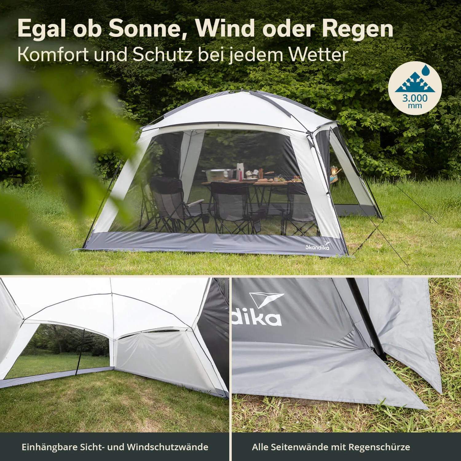 Zelt mit transparenten Wänden auf Wiese, umgeben von Bäumen. Innen stehen Klappstühle und ein Tisch mit Utensilien.