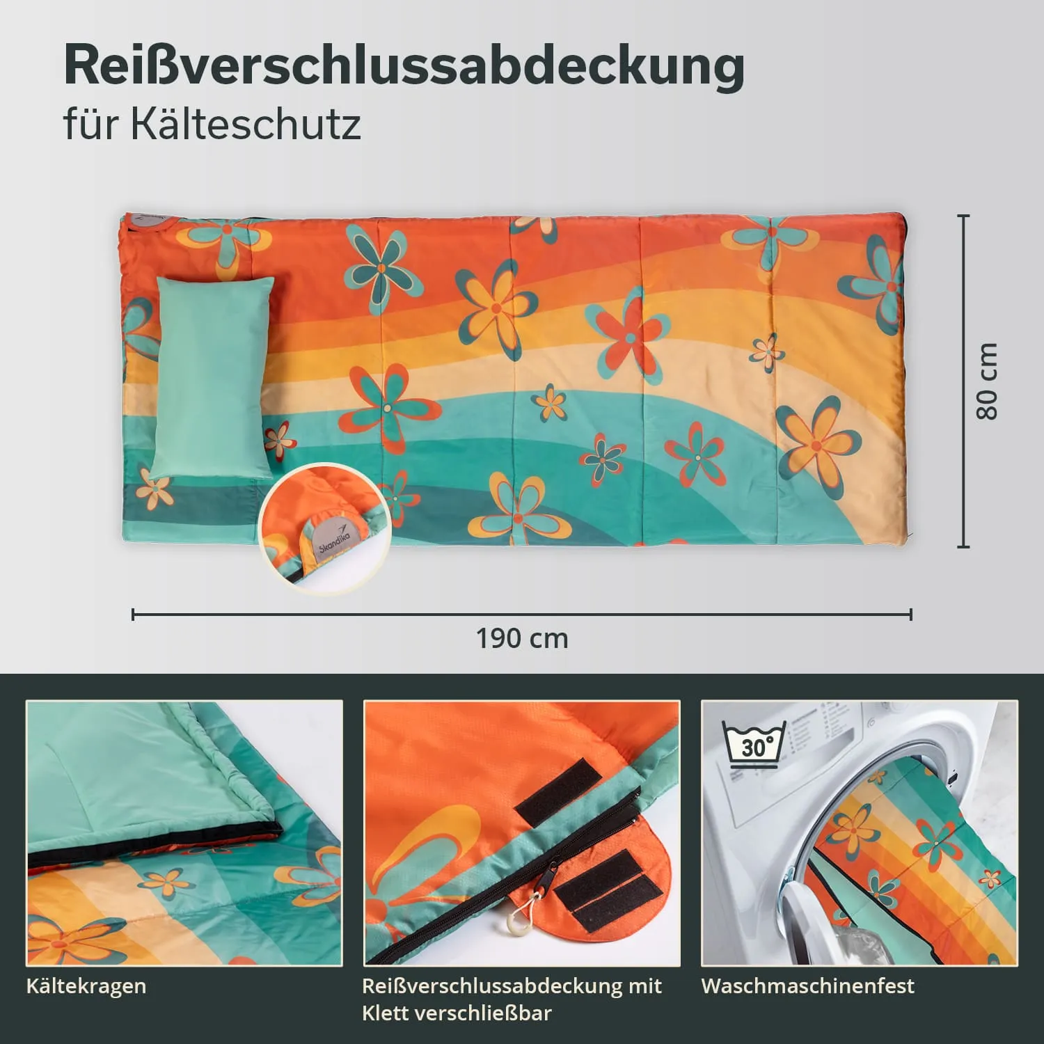 Bunte Reisverschlussabdeckung mit Blumenmuster, Maße 190 x 80 cm, Kälteschutz, waschmaschinenfest, besteht aus verschiedenen Stoffbereichen.