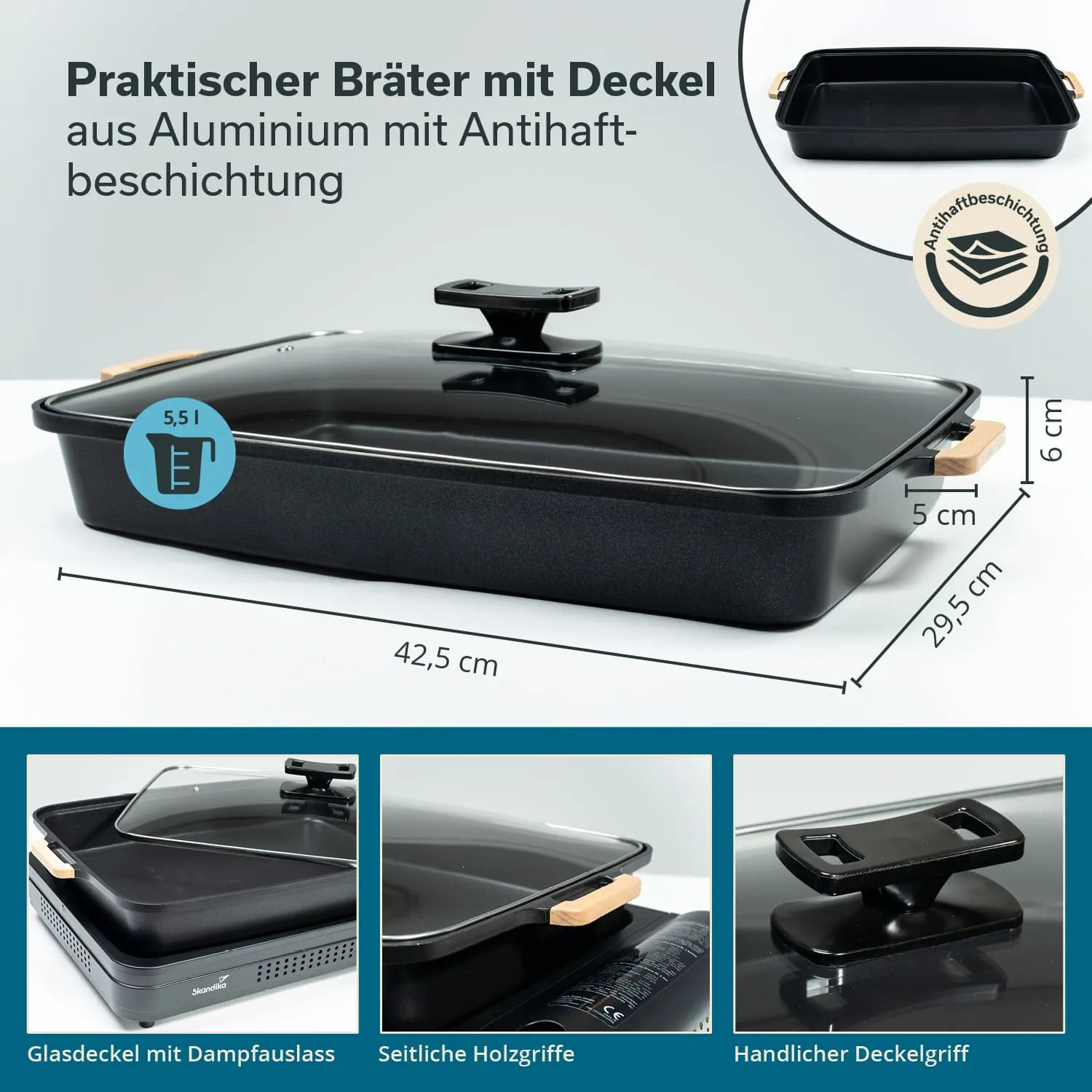 Rechteckiger Bräter aus Aluminium mit Antihafbeschichtung, Glasdeckel und seitlichen Holzgriffen. Maße: 42,5 cm x 29,5 cm x 6 cm.