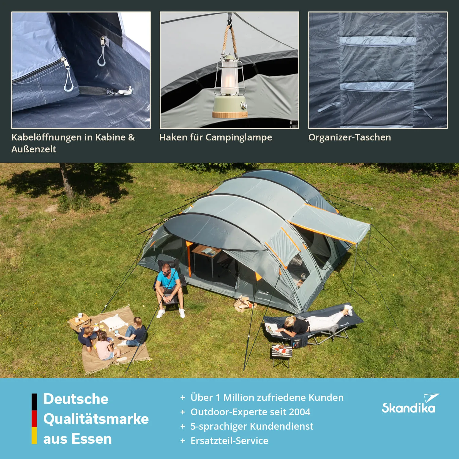Zelt auf Wiese, drei Personen entspannen, Kabelöffnungen, Haken für Lampe, Organizer-Taschen sichtbar. Markenlogo und Informationen.