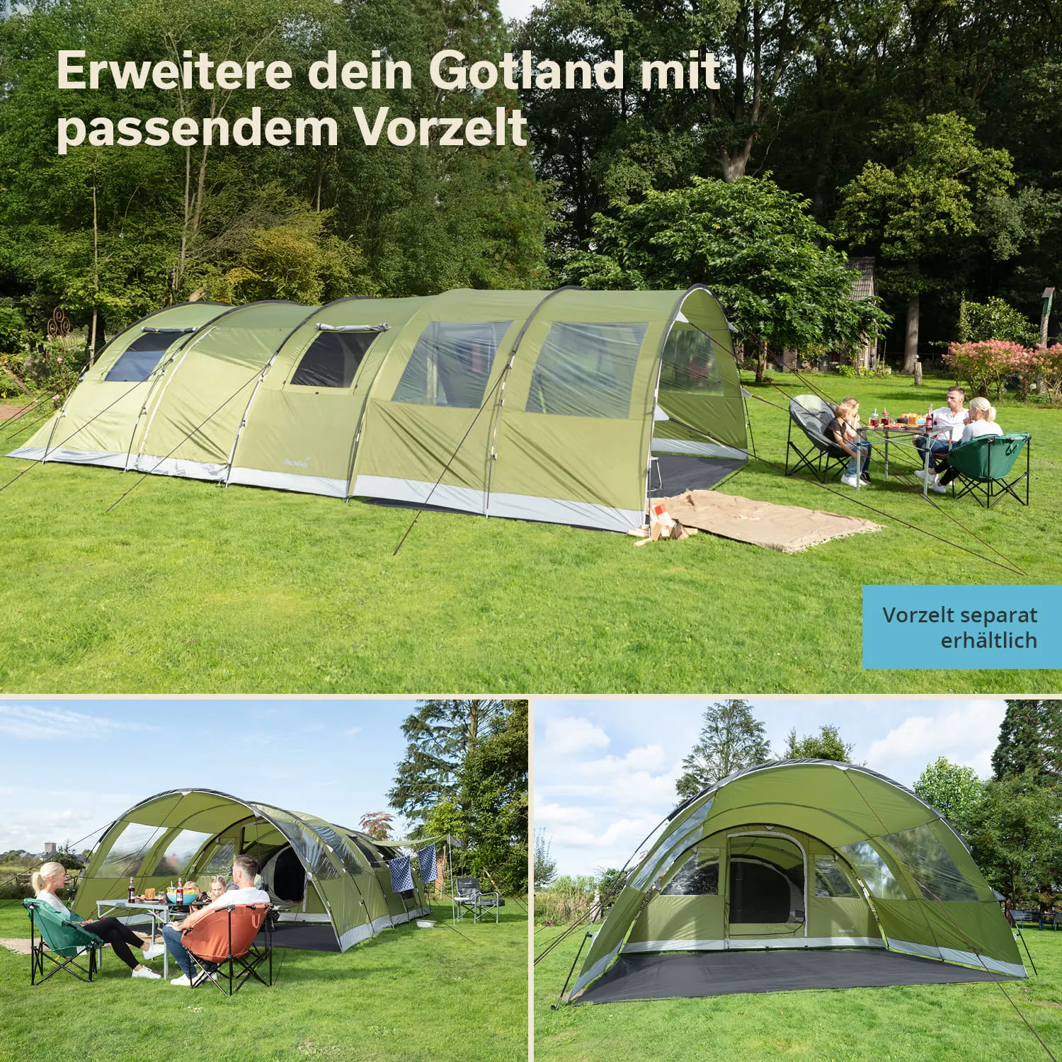 Grünes Zelt mit Vorzelt auf Wiese, daneben sitzende Personen in Campingstühlen und Tisch. Bäume im Hintergrund.