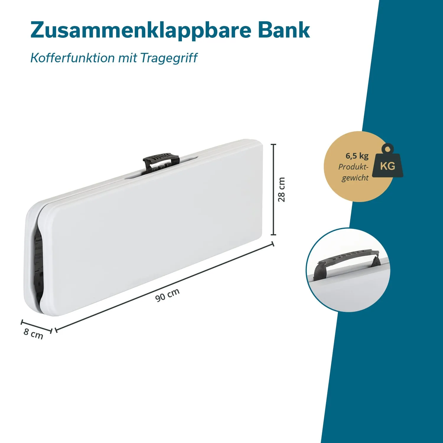 Zusammenklappbare Bank in weiß mit Traggriff, Maßen 90 x 28 x 8 cm, Gewicht 6,5 kg, auf grauem Hintergrund.