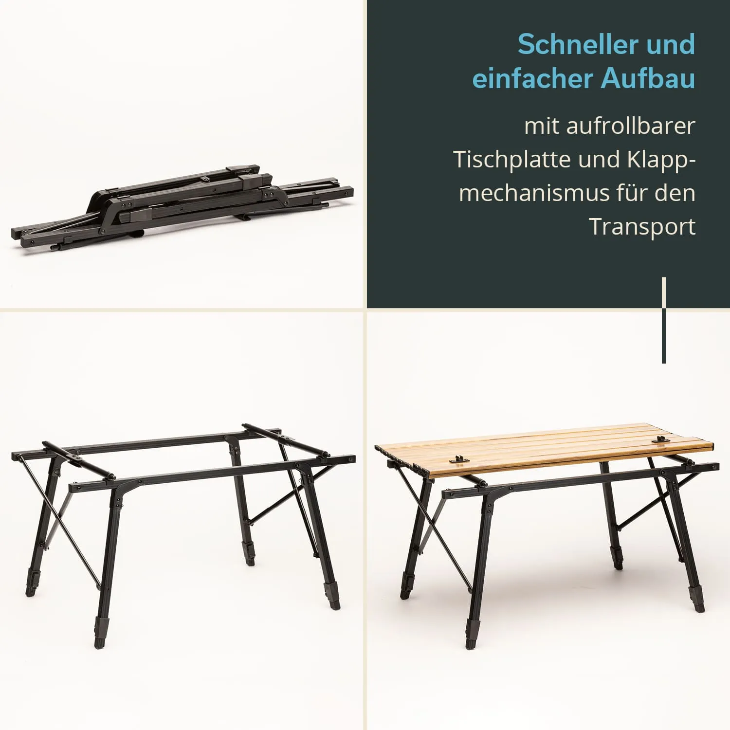 Klappbarer Tisch mit aufrollbarer Tischplatte, in drei Zuständen: zusammengeklappt, im Aufbau und einsatzbereit.