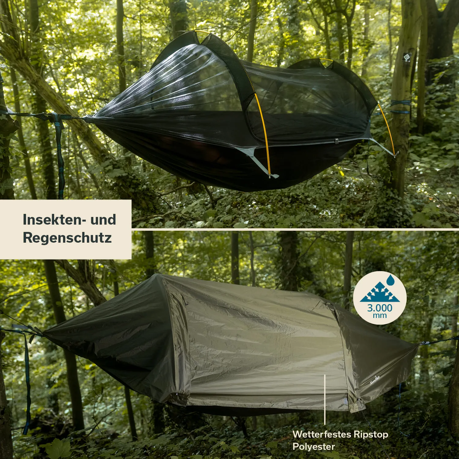 Zwei Hängematten in einem Wald, eine mit Insekten- und Regenschutz und eine wetterfeste Hülle aus Ripstop-Polyester.