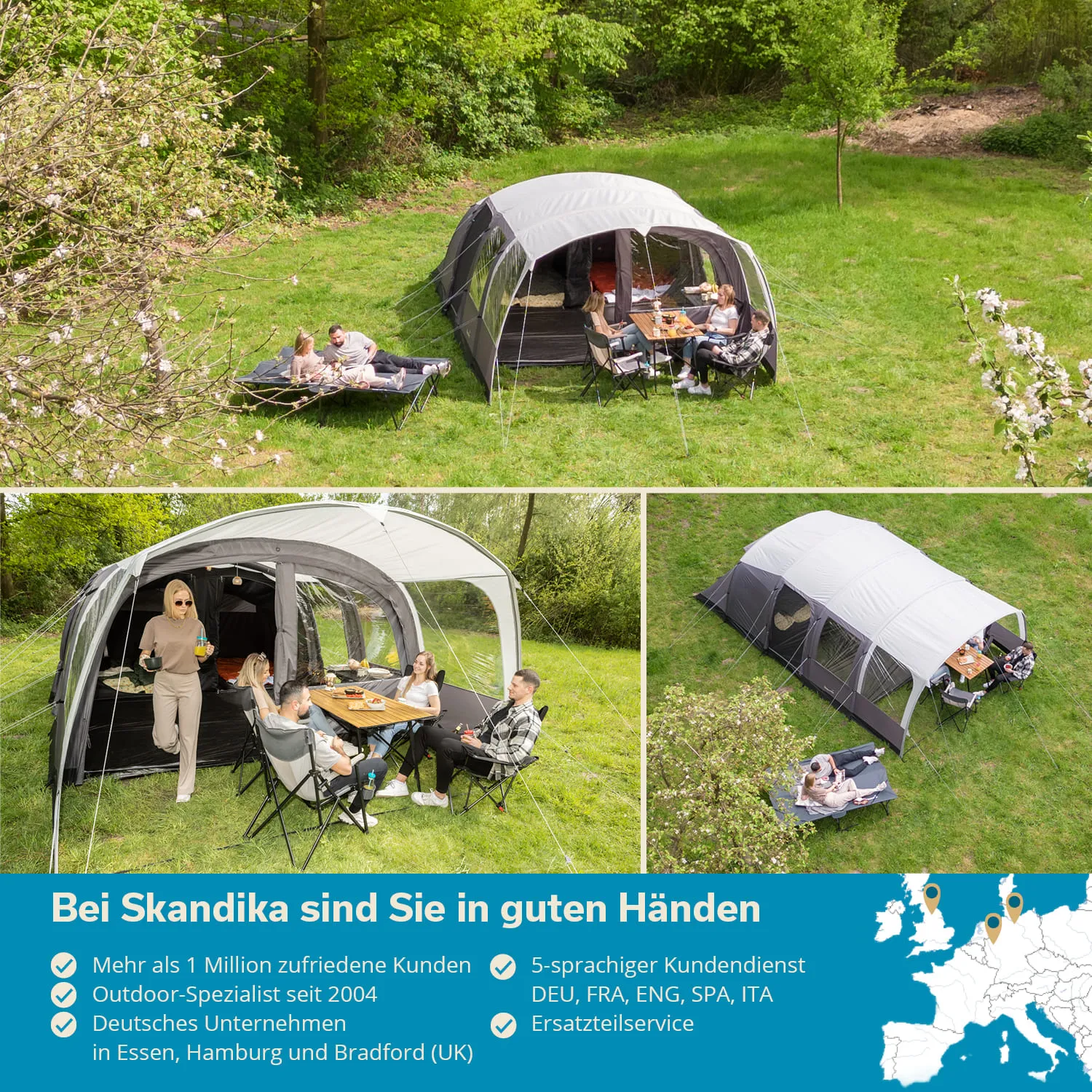Familienzelte in einer grünen Wiese, Menschen sitzen am Tisch, ein Zelt im Hintergrund, Bäume und Blumen.