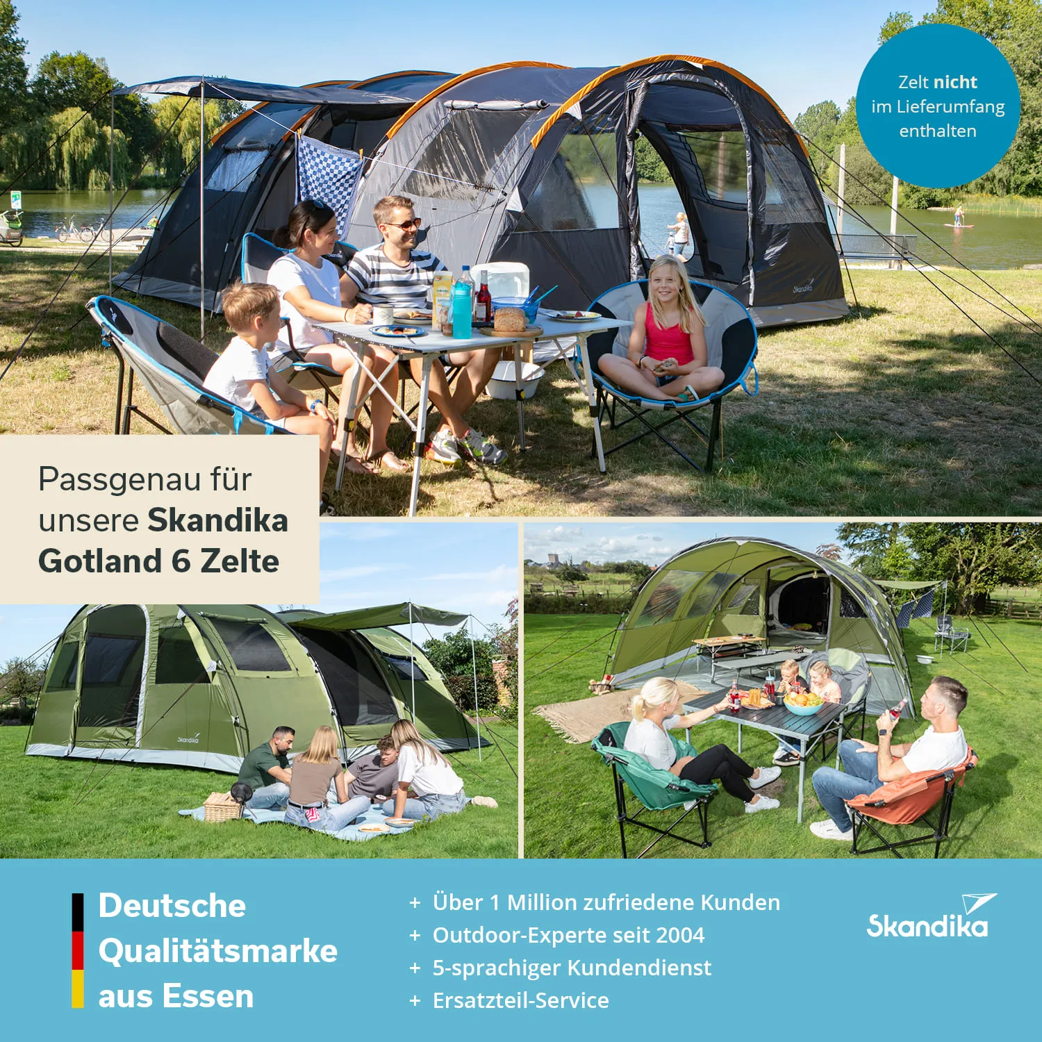 Familie sitzt an einem Tisch im Freien, umgeben von Zelten, Gras und einem Gewässer. Im Hintergrund sind weitere Zelte.