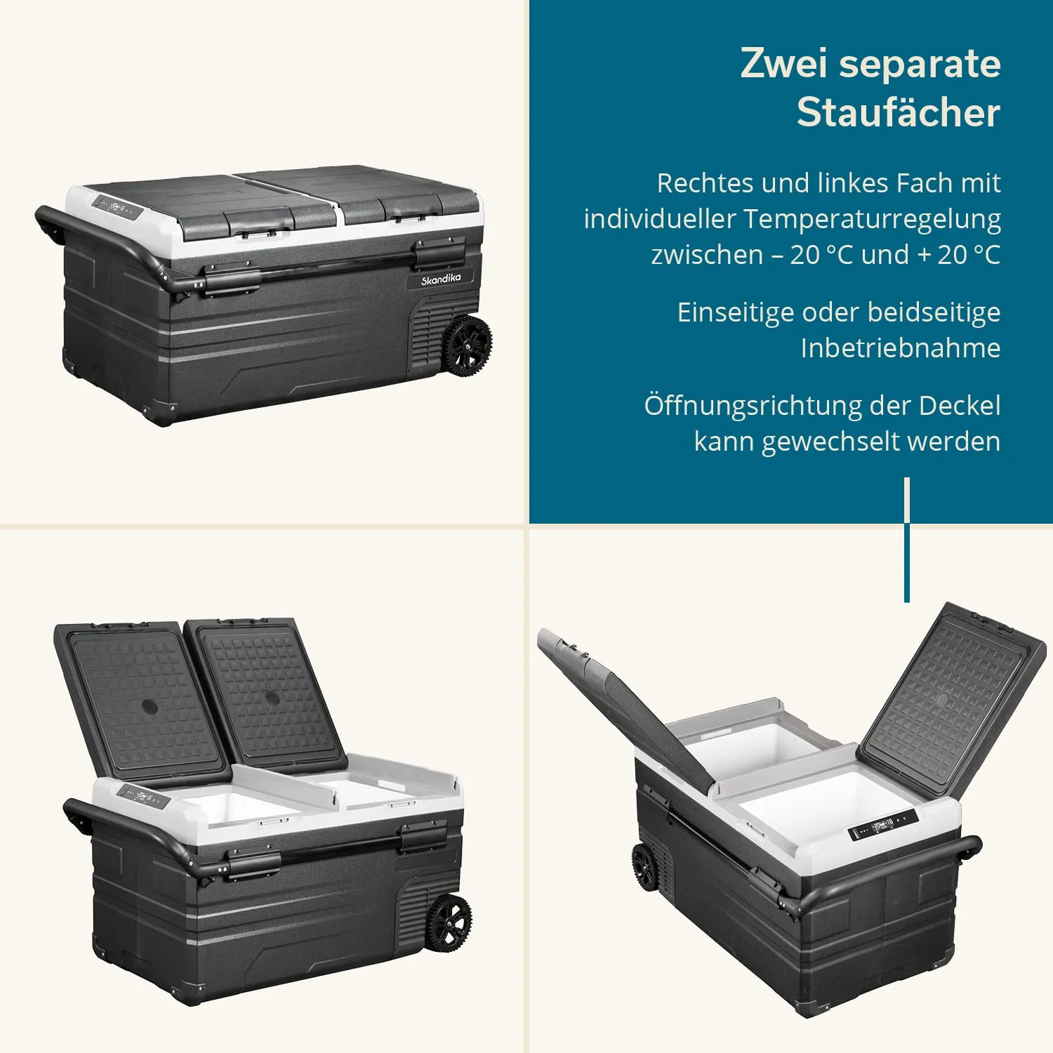 Kühlbox mit zwei separaten Staufächern, individuell regelbar, mit Rädern und umschlagbarem Deckel. Beschriftung und Illustrationen.