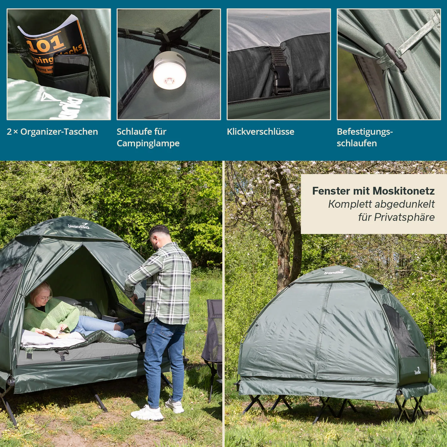 Zelt mit organisierbaren Taschen, einer Lampe und Fenster mit Moskitonetz, umgeben von Bäumen und Gras. Zwei Personen sind sichtbar.