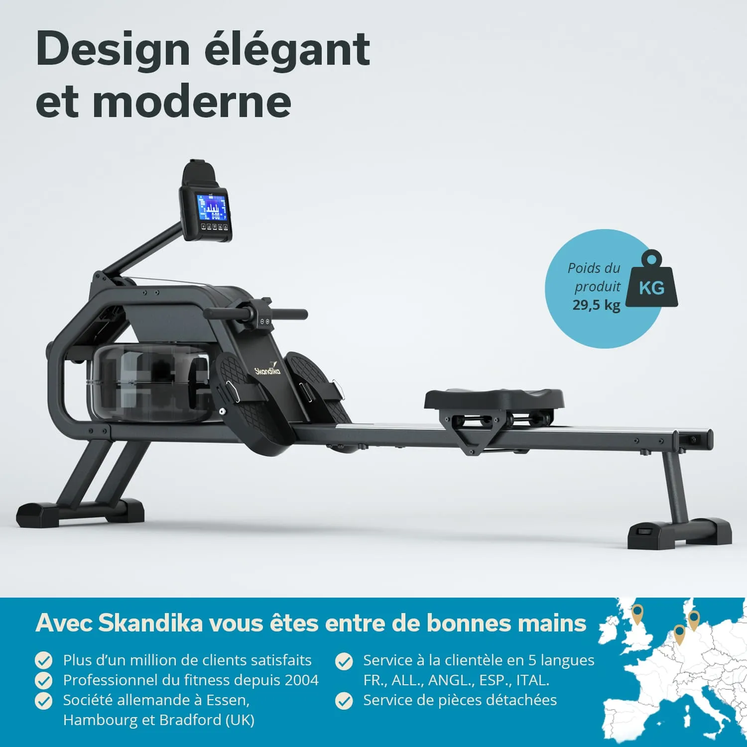 Rudergerät mit modernem Design, digitalem Display und transparentem Wasserbehälter. Gewicht: 29,5 kg.