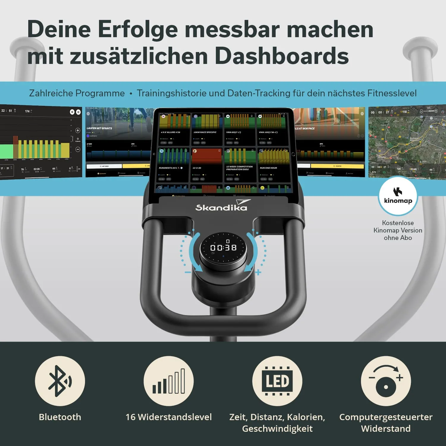 Fitnessgerät mit Bildschirm, der Trainingsdaten anzeigt. Details zu Programmen, Widerstandslevel und Funktionen sind sichtbar.