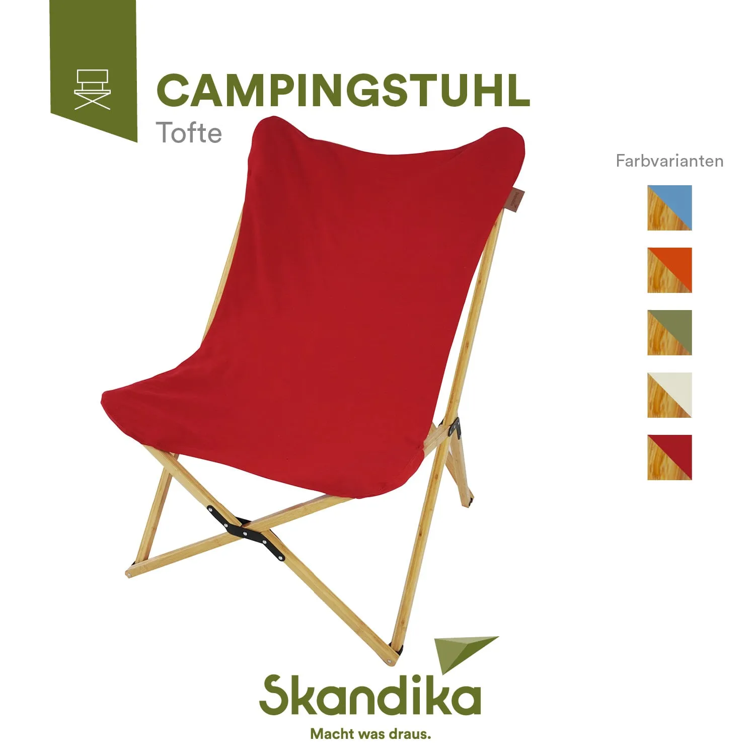 Roter Campingstuhl mit Holzgestell und klappbarem Design. Farbvarianten sind rechts aufgelistet.