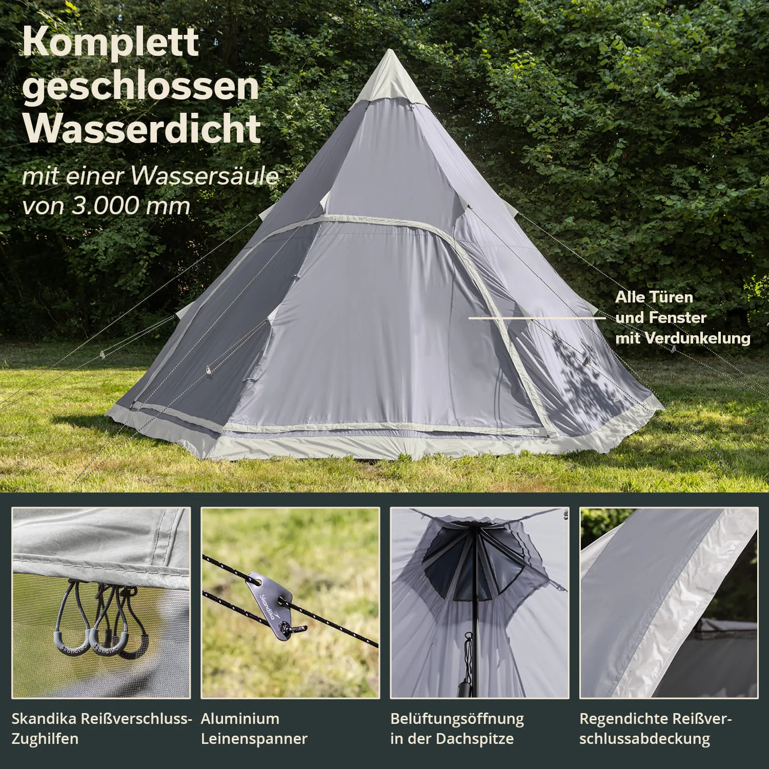 Graues Zelt mit spitzem Dach in einer grünen Wiese. Beschreibungen zu Eigenschaften wie Wasserdichtigkeit und Belüftung.
