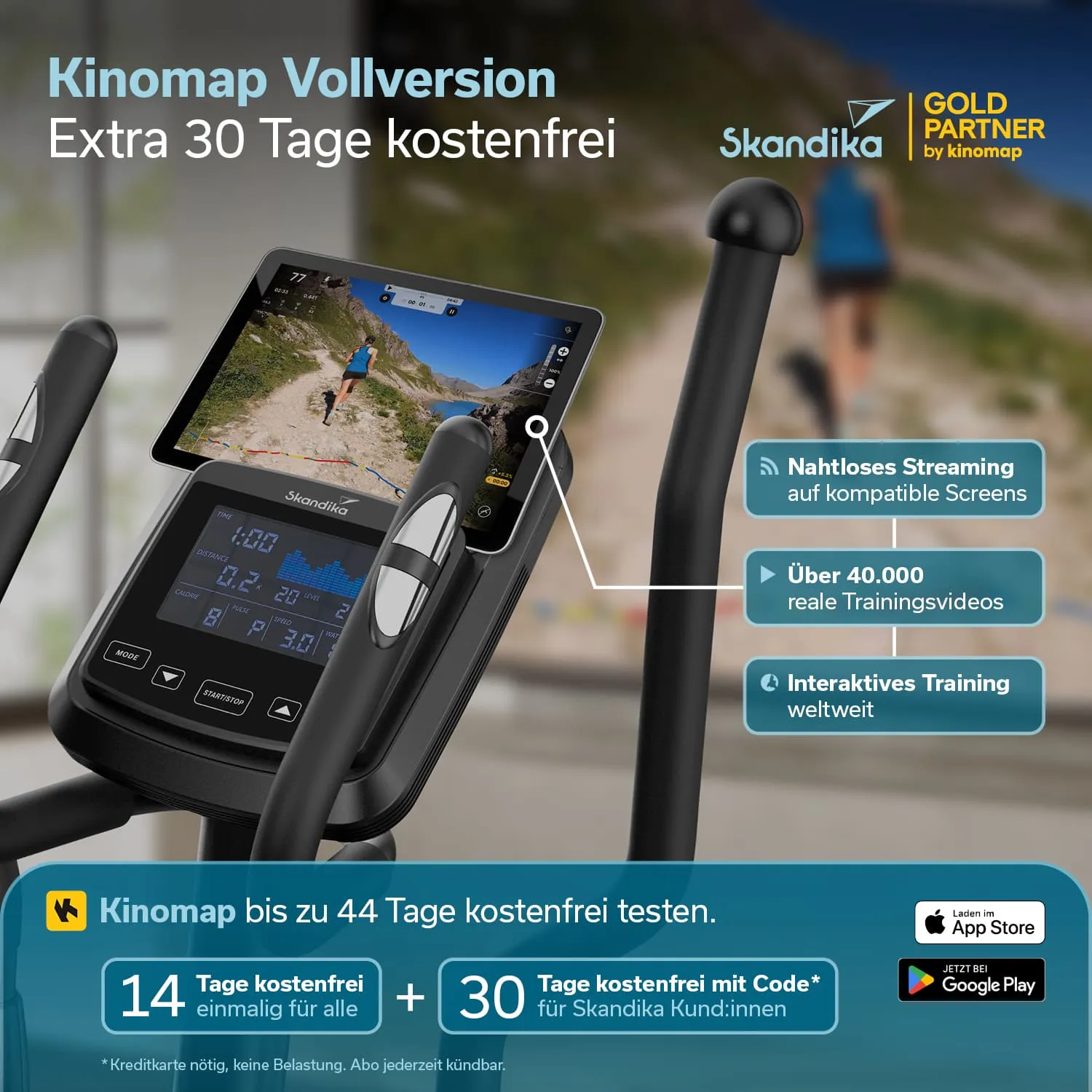 Bild eines Fitnessgeräts mit einem Bildschirm, der ein Laufvideo zeigt. Textinformationen über Kinomap, Skandika und Testzeitraum.