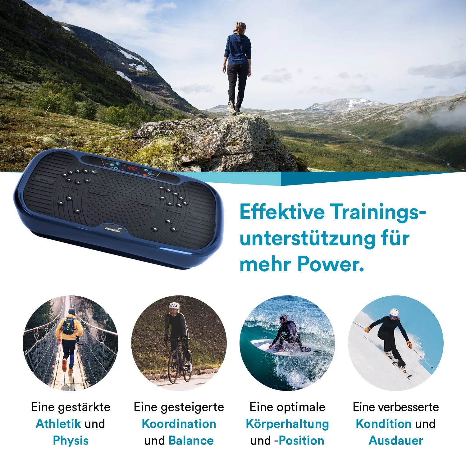 Ein Trainingsgerät in Blau steht im Vordergrund. Im Hintergrund ist eine Person auf einem Felsen zu sehen, umgeben von Bergen und weitem Himmel. Text beschreibt die Vorteile des Geräts.