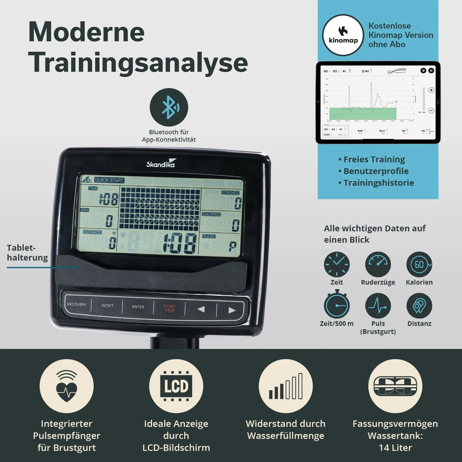 Trainingsgerät mit LCD-Display, Bluetooth-Konnektivität, Puls- und Widerstandsanzeige, Tablet-Halterung, technischen Details.