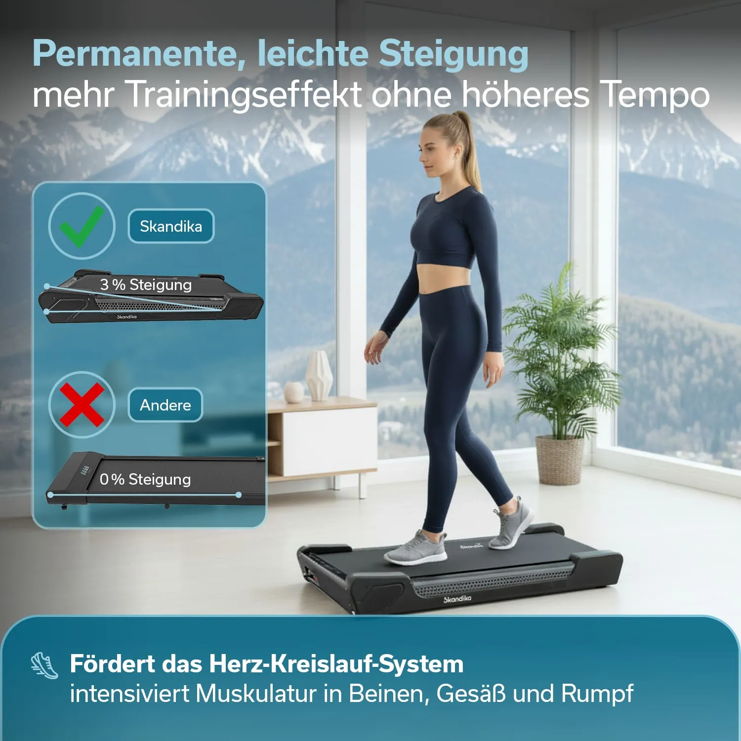 Eine Person läuft auf einem Laufband mit einer leichten Neigung. Im Hintergrund sind Fenster mit Bergblick zu sehen. Links stehen Informationen über Steigungsoptionen.