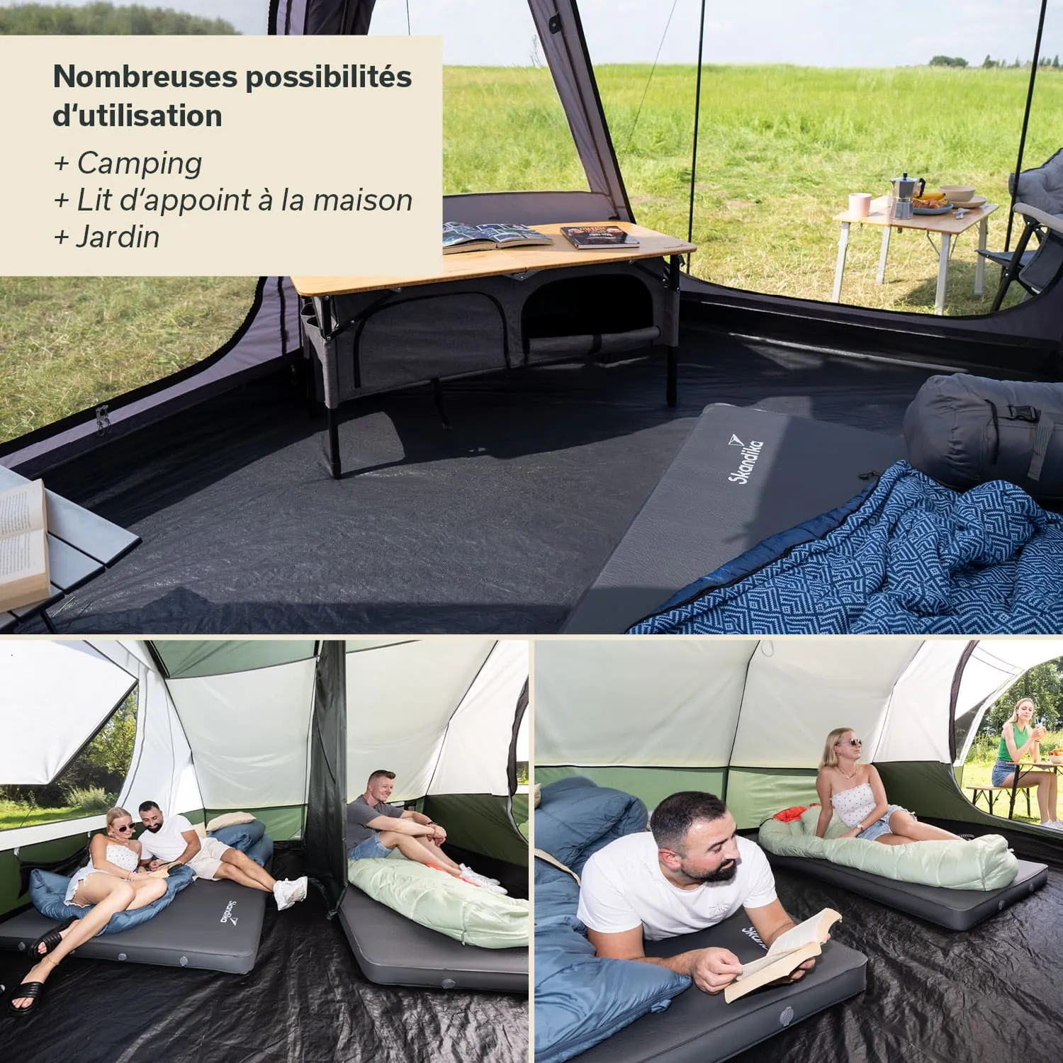 Zelt mit Schlafmatratzen, einem Tisch und Sitzgelegenheiten. Personen entspannen darin. Bücher und Getränke sichtbar.