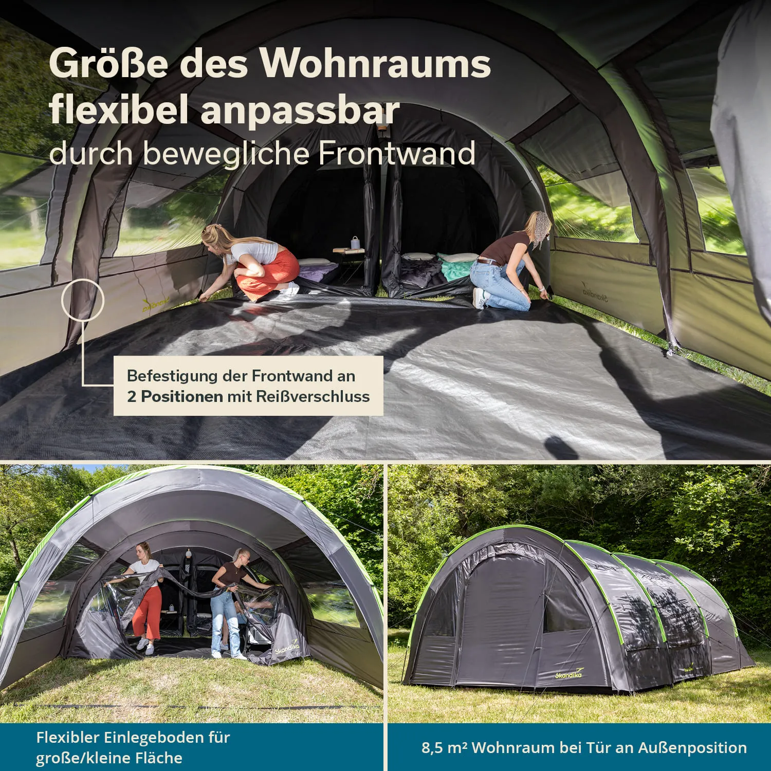 Zelt mit beweglicher Frontwand, zwei Personen beim Arbeiten im Innenraum, ein flexibler Einlegeboden, grüne Wiese im Hintergrund.