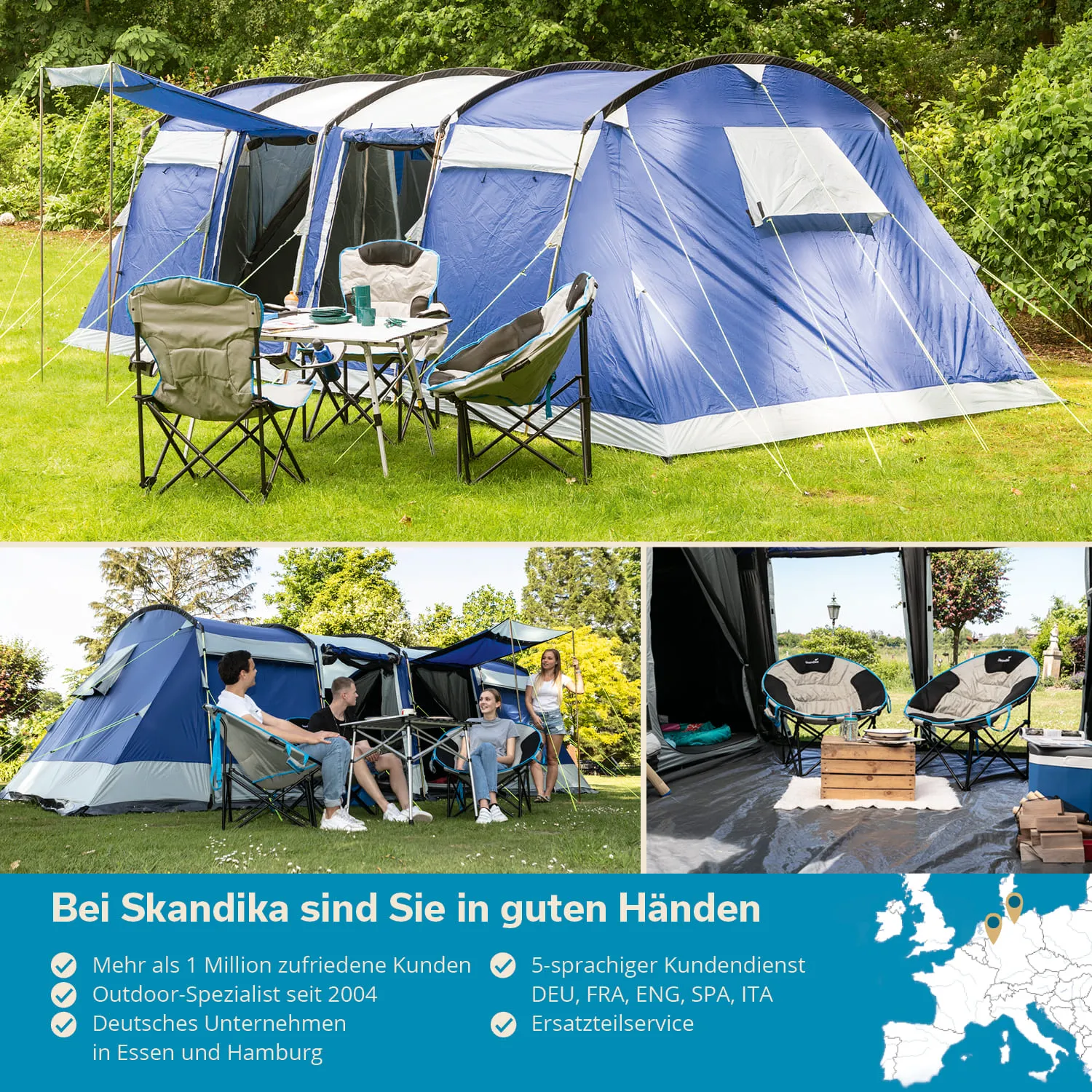 Zelt im Freien mit Tisch und zwei Stühlen, umgeben von Grün. Personen sitzen entspannt. In der unteren Bildhälfte weitere Zeltansicht.