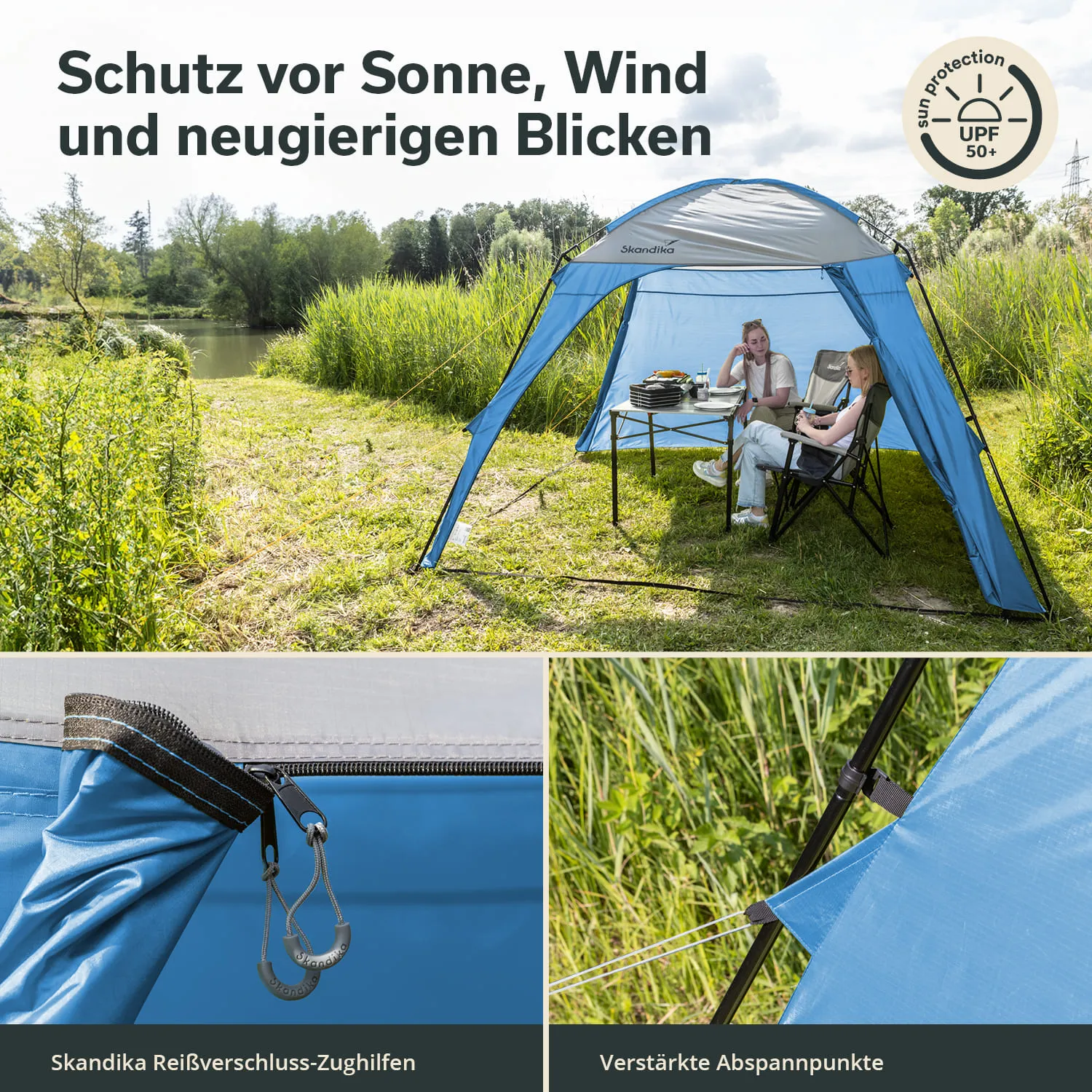 Zelt in blauer Farbe steht an einem Gewässer, zwei Personen sitzen an einem Tisch. Text und Details zur Ausstattung sind sichtbar.