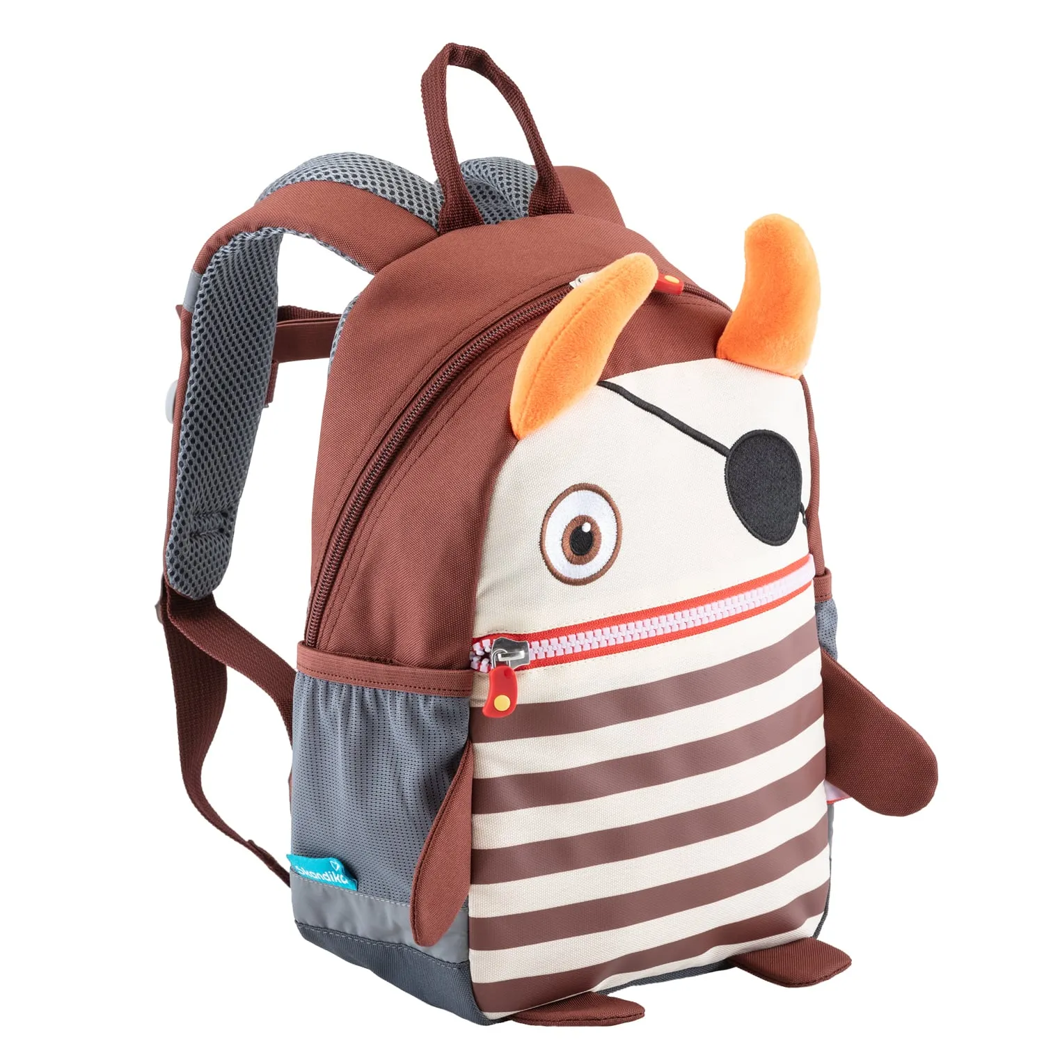 Ein kindlicher Rucksack in braun, mit Augen, einem Auge verbunden und einem gestreiften Bauch. Die Ohren sind orange und weich.