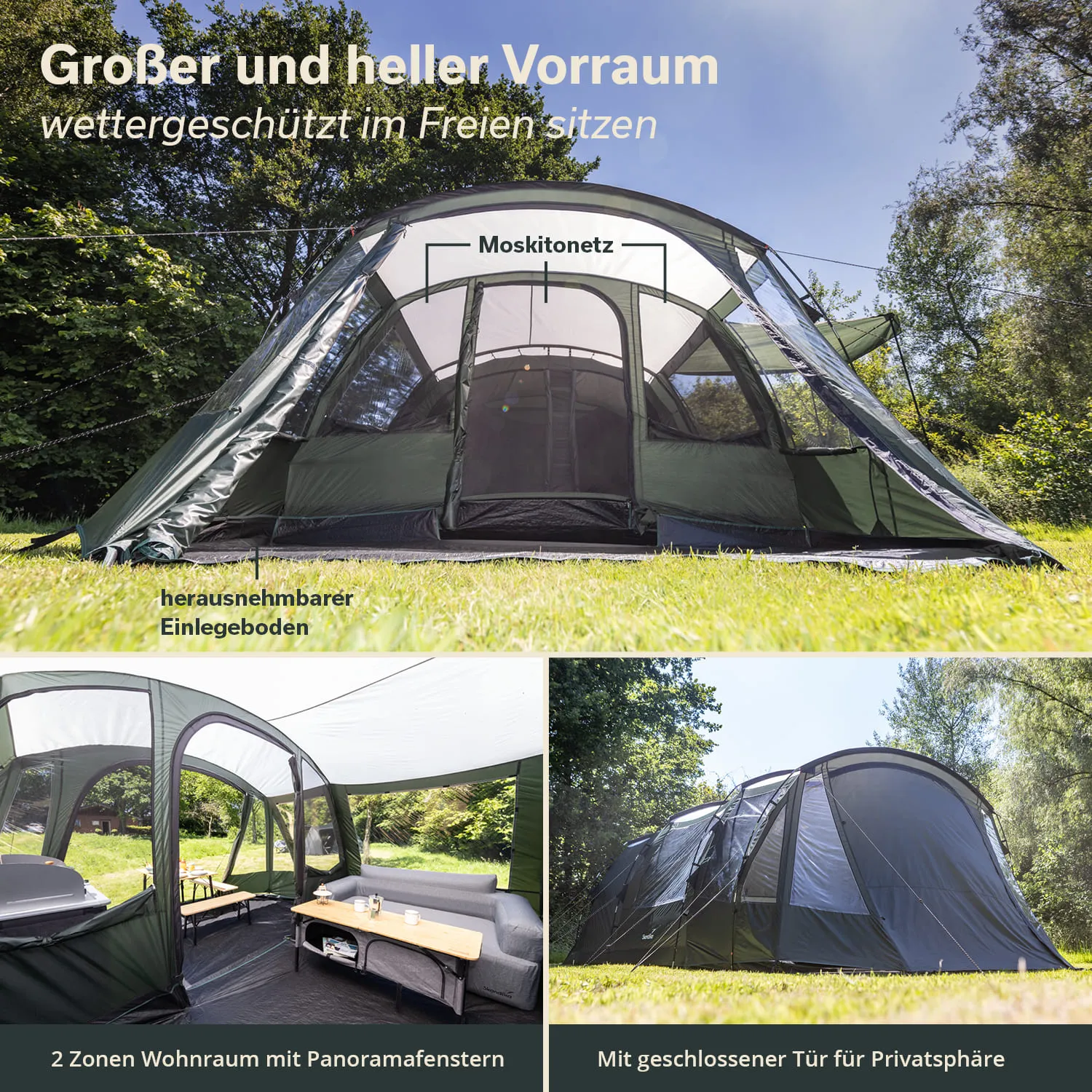 Großes Campingzelt in der Natur mit Moskitonetz, zwei Wohnbereichen und einem herausnehmbaren Boden.