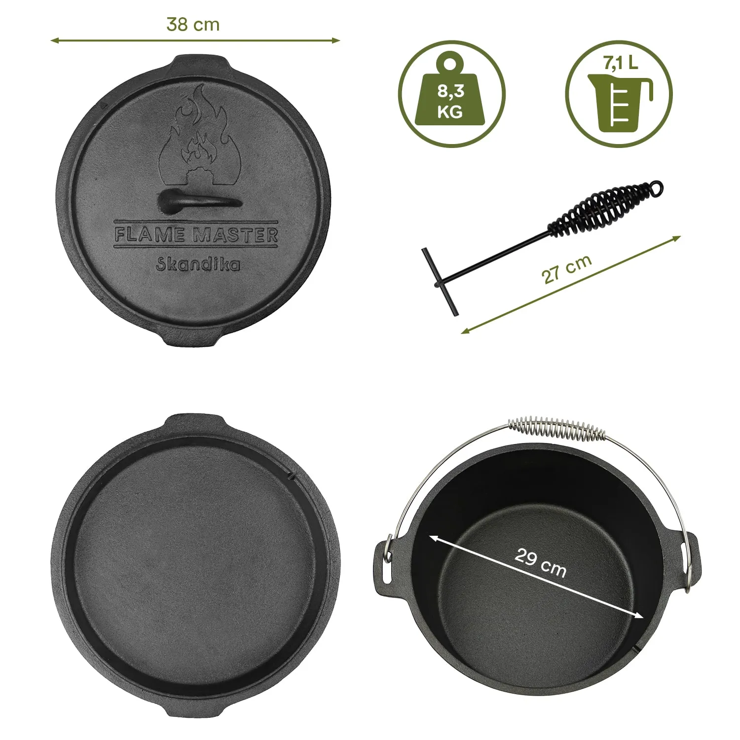 Gusseiserner Topf mit Deckel, Durchmesser 38 cm, Volumen 7,1 l, Gewicht 8,3 kg, mit einem Aufhänger und einer herausnehmbaren Tülle.