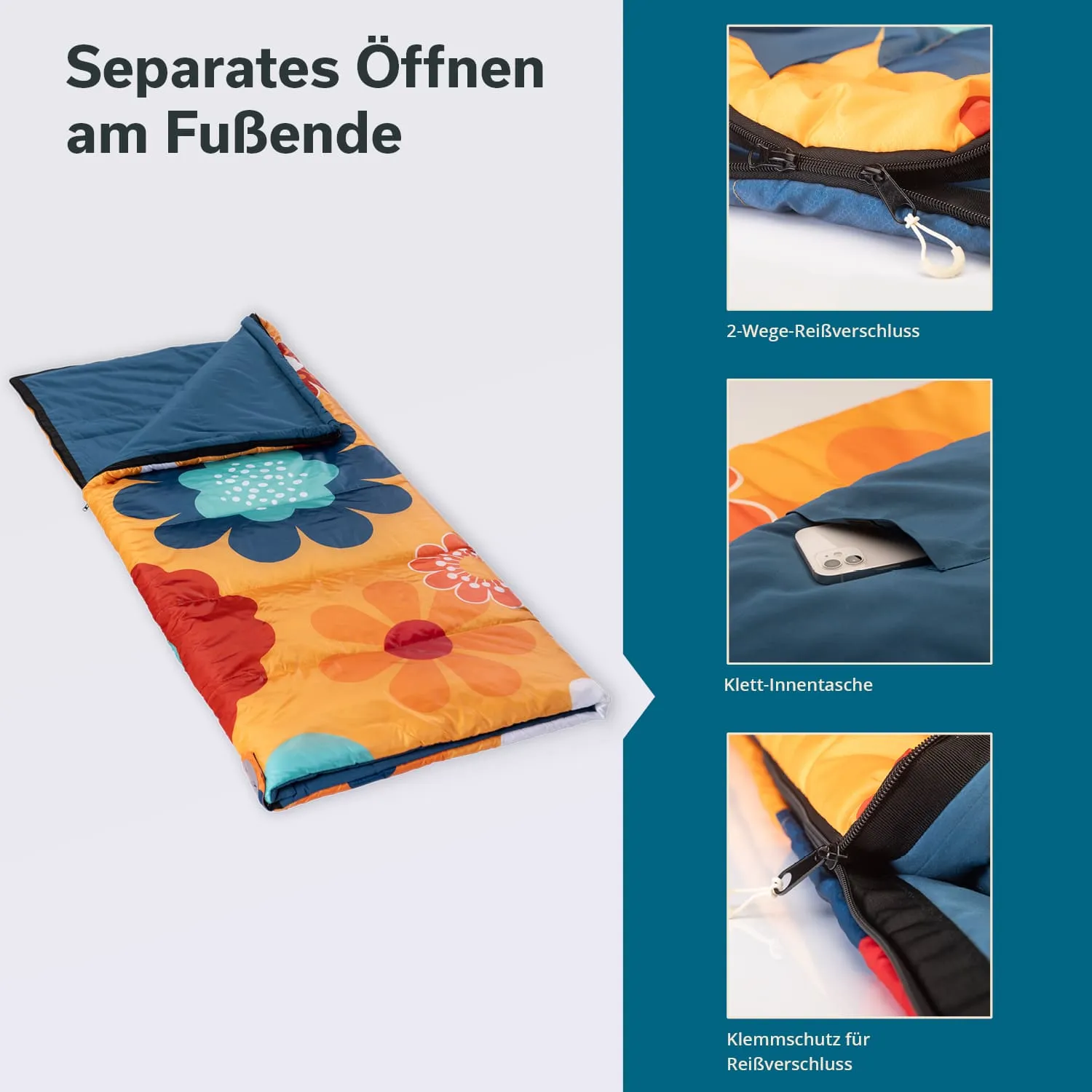 Schlafsack mit buntem Blumenmuster und blauen Akzenten, geöffnet am Fußende. Nebenansicht mit Innen- und Reißverschlussdetails.
