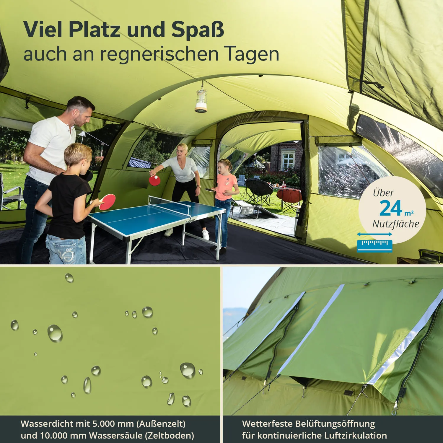Großes Zelt mit vier Personen, die Tischtennis spielen. Oben Wasser- und Belüftungsdetails. Grün und hell gestaltet.
