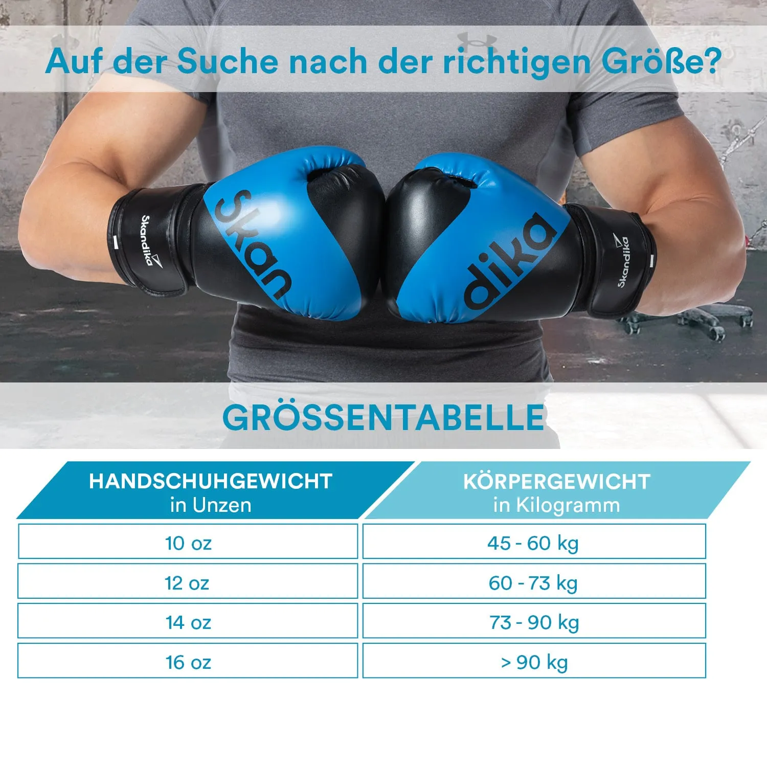 Zwei Boxhandschuhe in Blau und Schwarz werden in die Kamera gehalten. Hintergrund ist unscharf. Tabelle zeigt Größeninformationen.