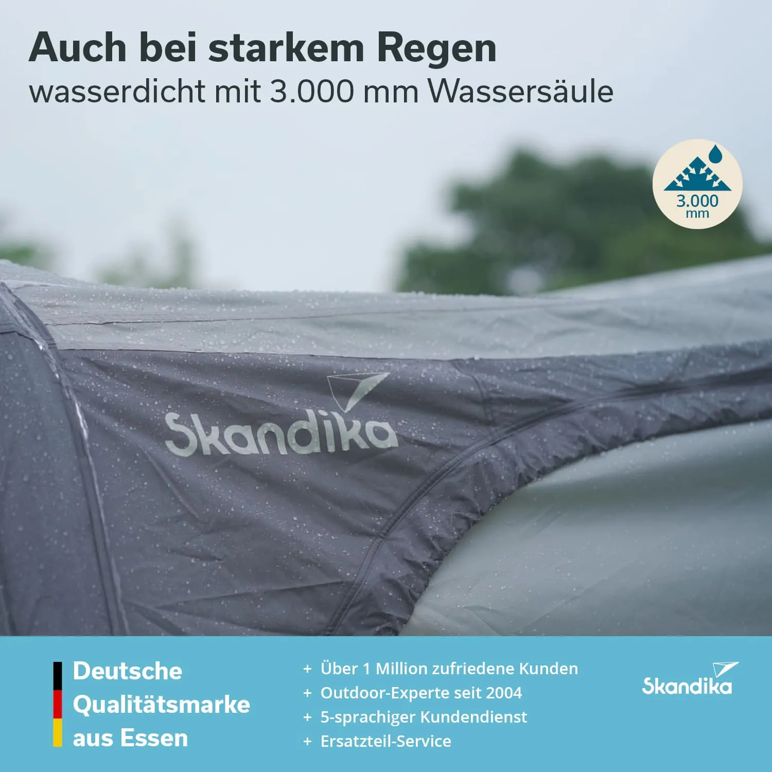 Zeltstoff mit Wasserdrops, Logo "Skandika", Schriftzug über Wasserdichtigkeit bei starkem Regen, grauer Hintergrund.