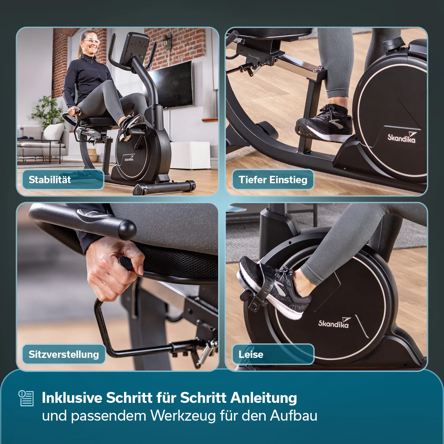 Ein Heimtrainer mit einem Nutzer, der eine bequeme Position eingenommen hat. Detailansichten zeigen Stabilität, tiefen Einstieg und Sitzverstellung.
