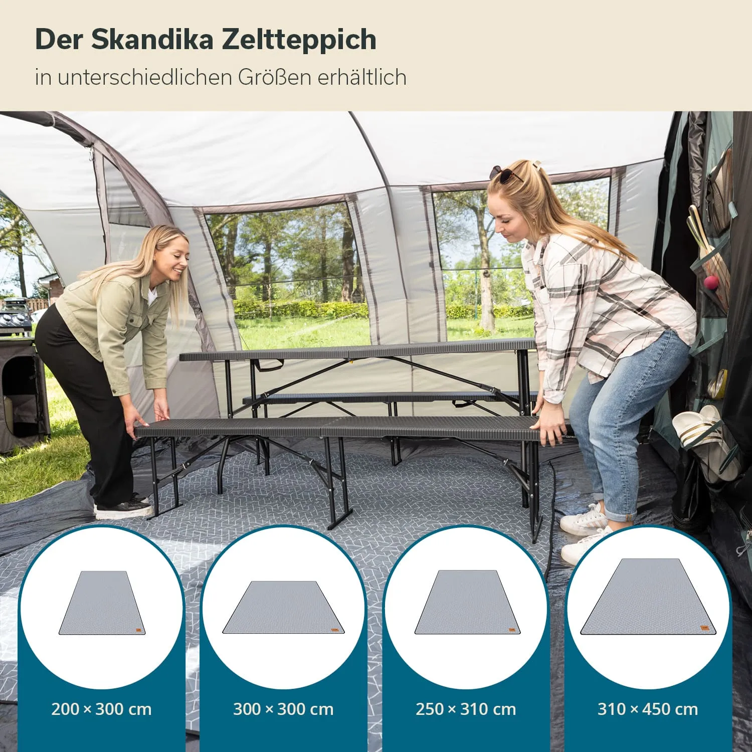 Zeltteppich mit zwei Personen im Zelt, die Tisch und größere Matten in drei Größen aufzeigen. Natürliche Umgebung.