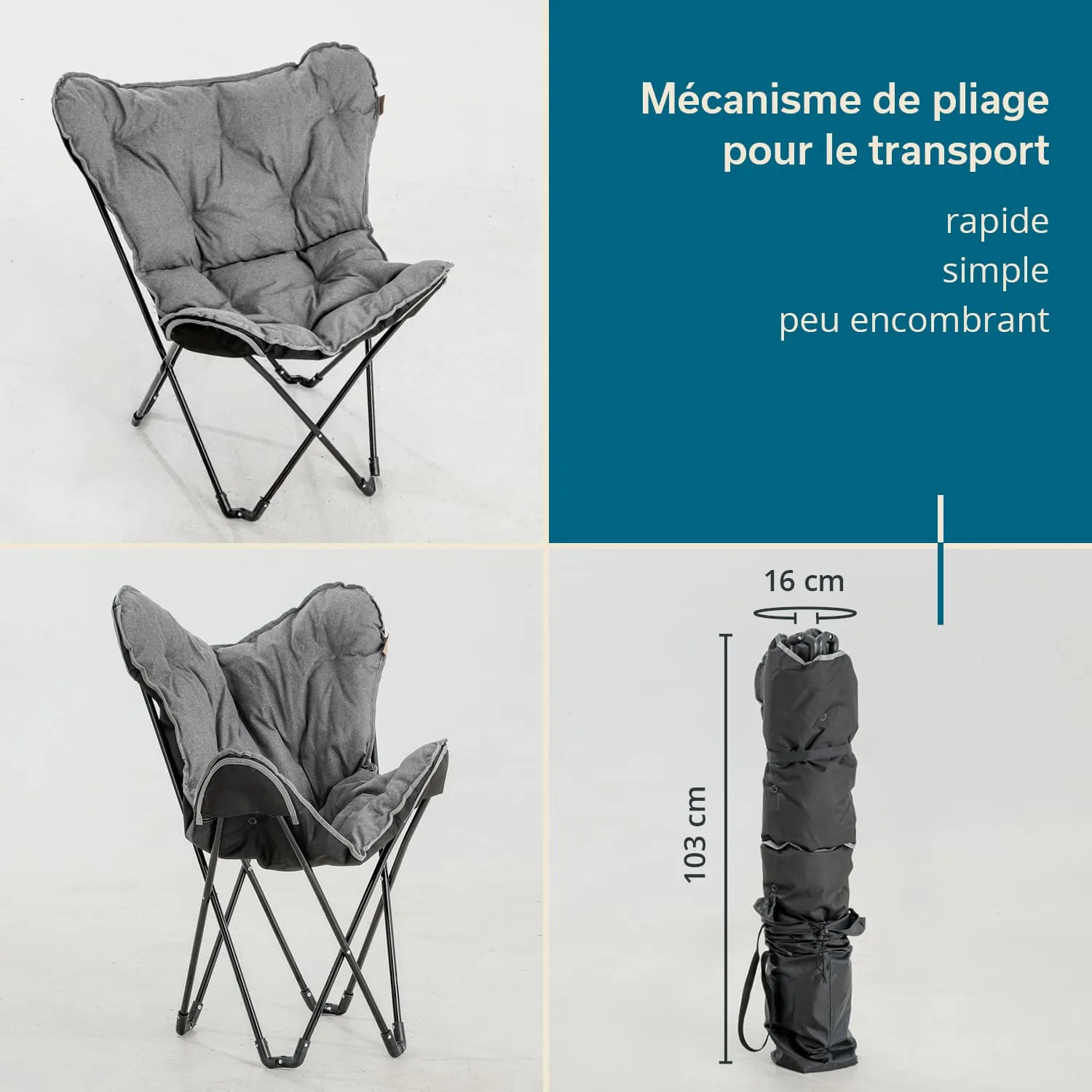 Faltstuhl in grau mit gepolsterter Sitzfläche, zusammengeklappt in einer vertikalen Position, Maße 103 cm Höhe, 16 cm Durchmesser.