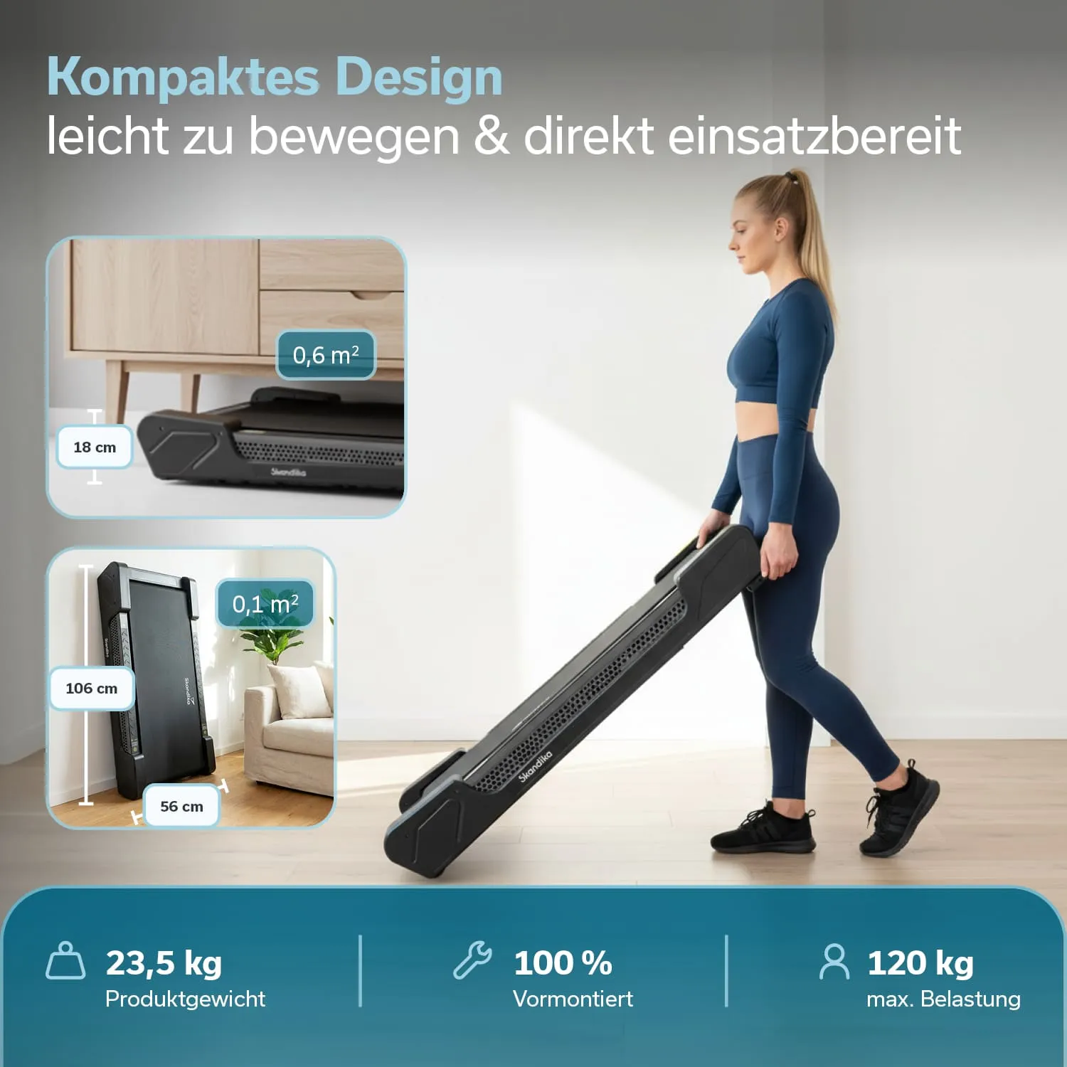 Eine Person trägt ein kompaktes Fitnessgerät. Informationen zum Design und den Maßen sind sichtbar.