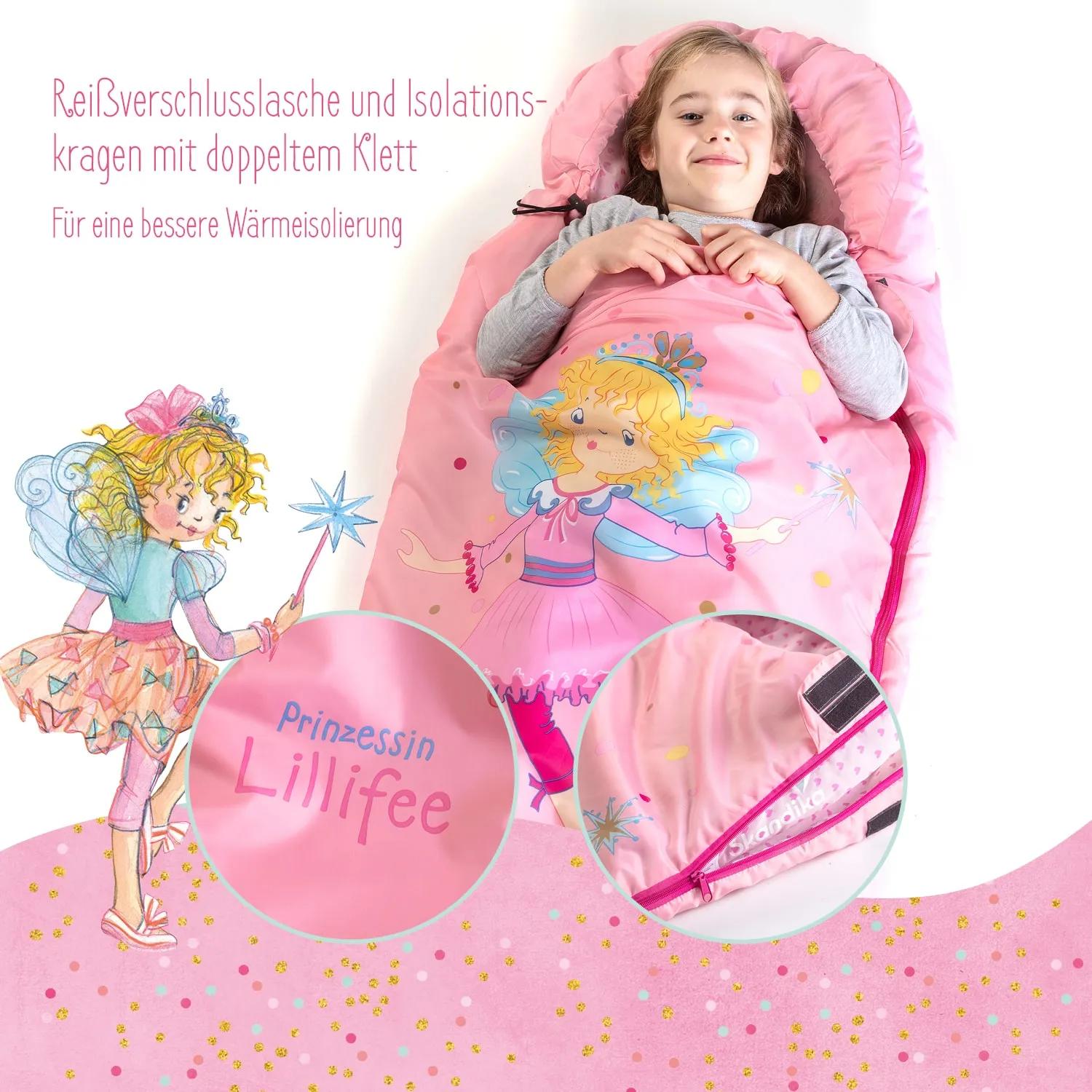 Schlafsack in Pink mit Princess Lillifee-Motiv und einem Kind, das lächelt. Umrandung mit Glitzer und dekorativen Details.