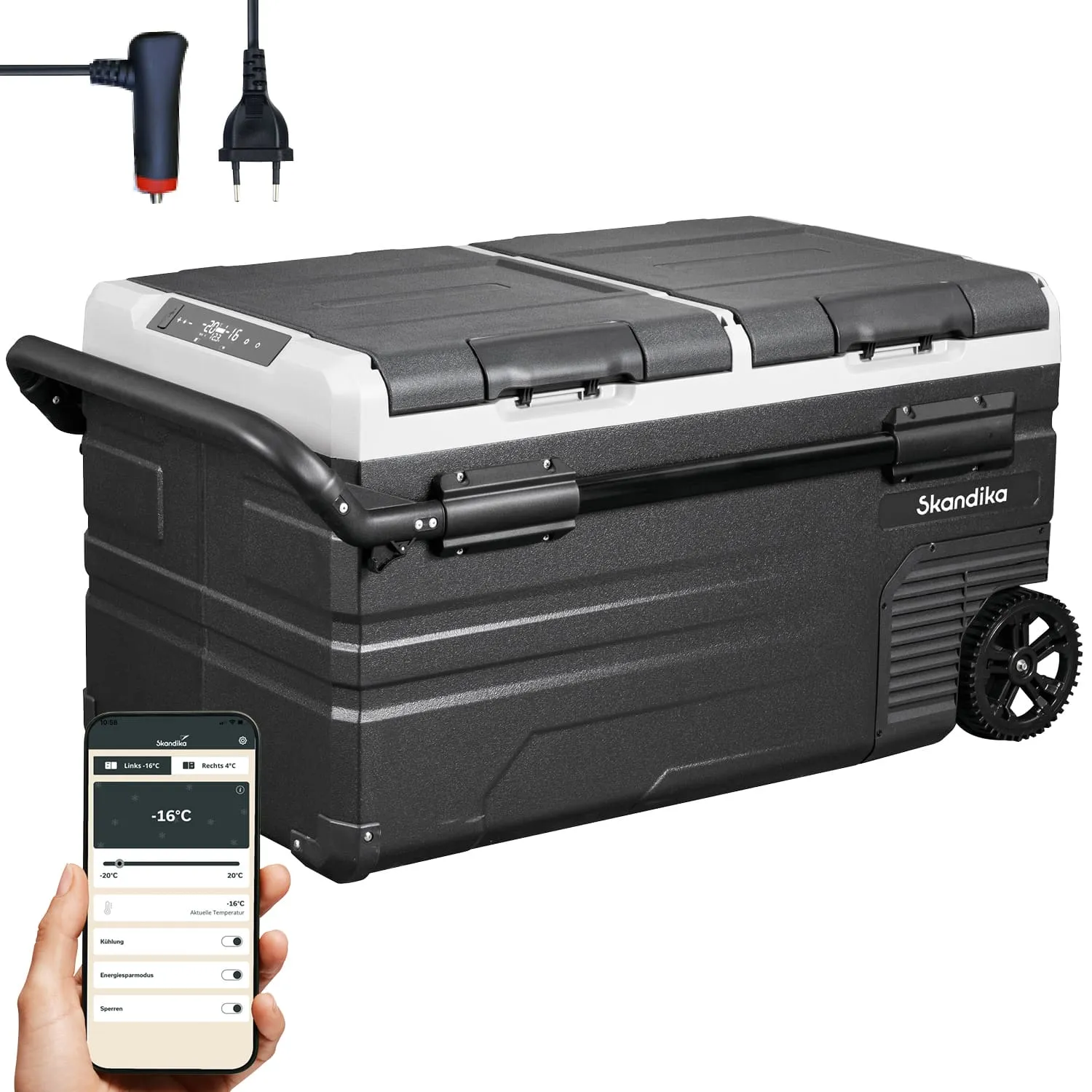 Kühlbox in Schwarz und Weiß, mit einem Bedienfeld oben. Ein Smartphone zeigt die Temperaturregelung. Dazu Kabelstecker und Adapter.