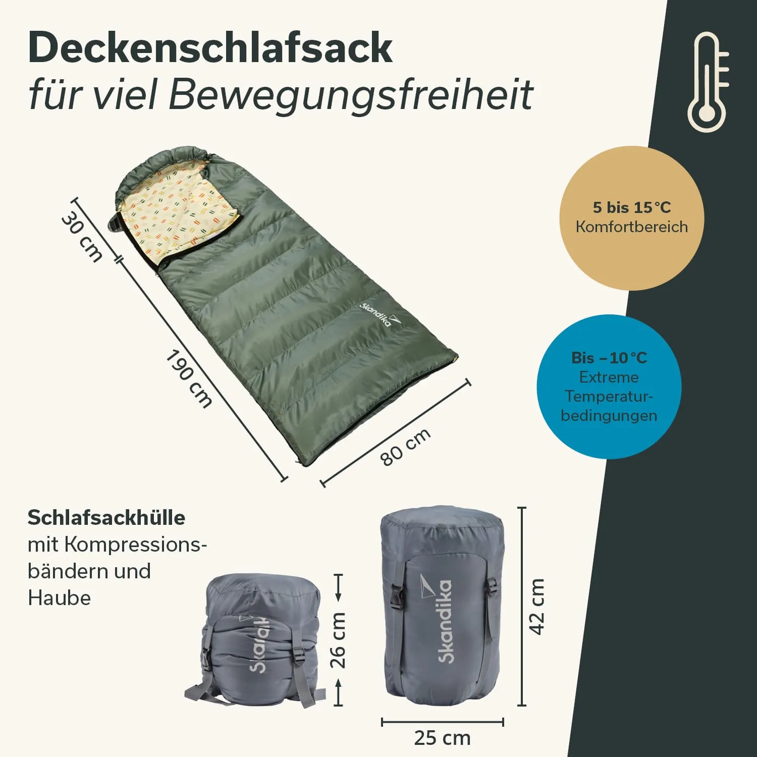 Decken-Schlafsack in grün mit abnehmbarem Innenfutter, Maße 190 x 80 cm, inklusive Kompressionshülle und Temperaturangaben.
