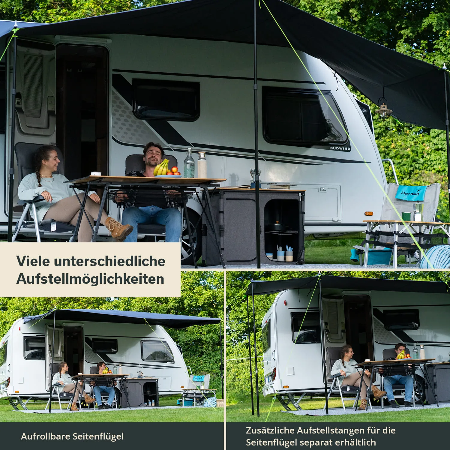 Ein Wohnwagen mit Markise steht im Freien. Zwei Personen sitzen an einem Tisch mit Obst und Getränken. Gartenstühle und eine Kühlbox sind ebenfalls sichtbar.