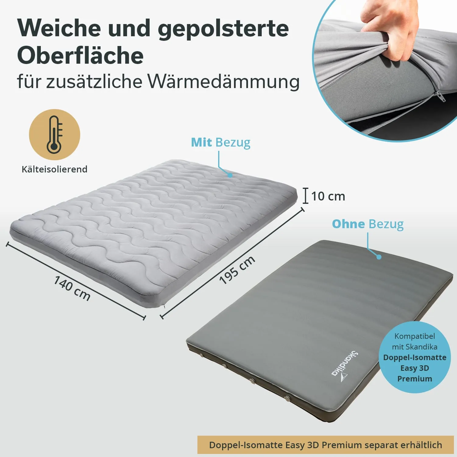 Matte und Bezug, mit Maße 140 cm x 195 cm, zusätzlich 10 cm hoch. Darstellung mit und ohne Bezug, Hinweis auf Kälteisolierung.